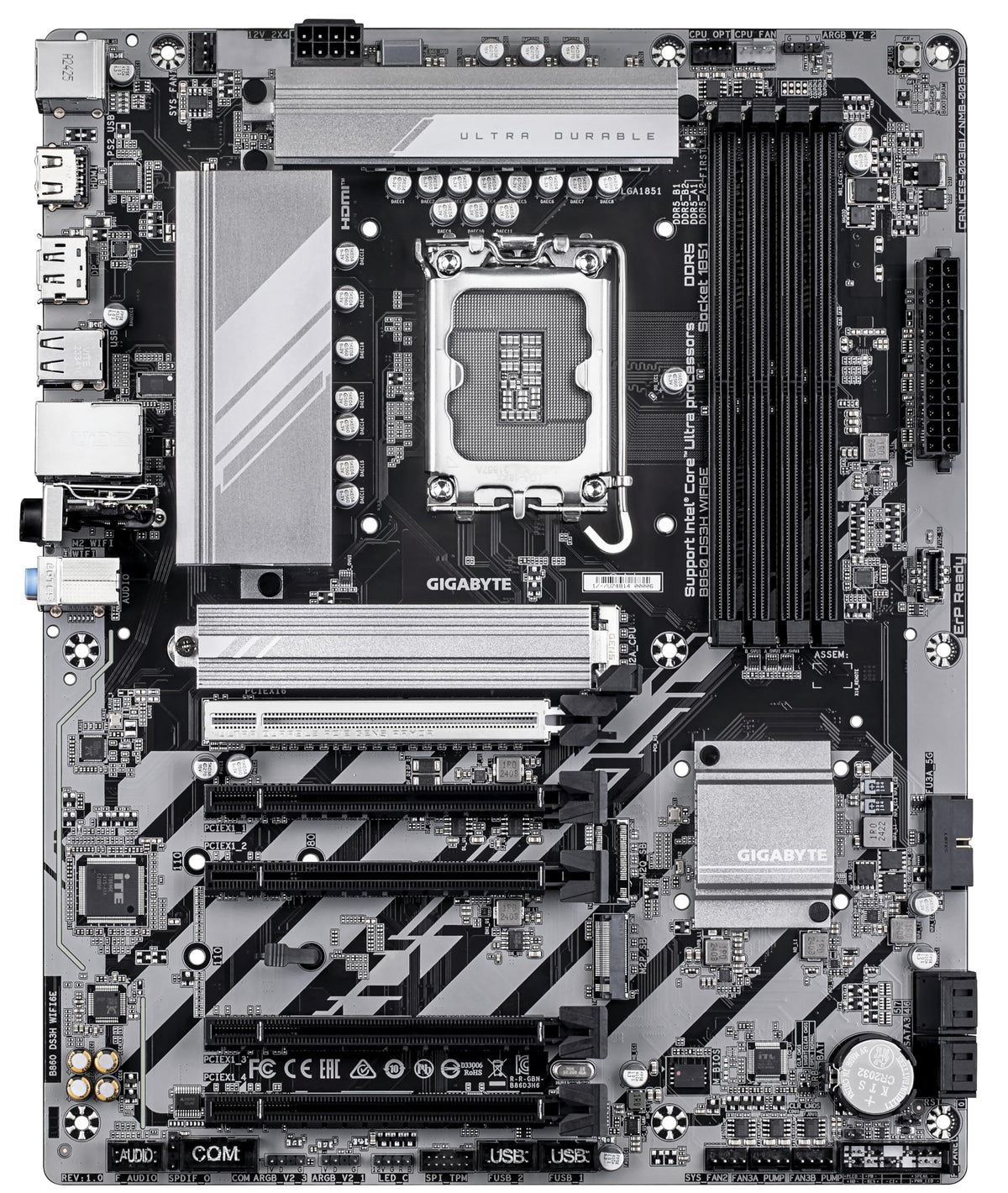 Placa de bază GIGABYTE B860 DS3H WIFI6E - procesoare Intel Core Ultra, VRM cu 8+1+2+2 faze, suport pentru DDR5 de până la 9066MHz, 1xPCIe 5.0 + 1xPCIe 4.0 M.2, LAN 2,5 GbE, WiFi 6E, USB 3.2 Gen 2x2