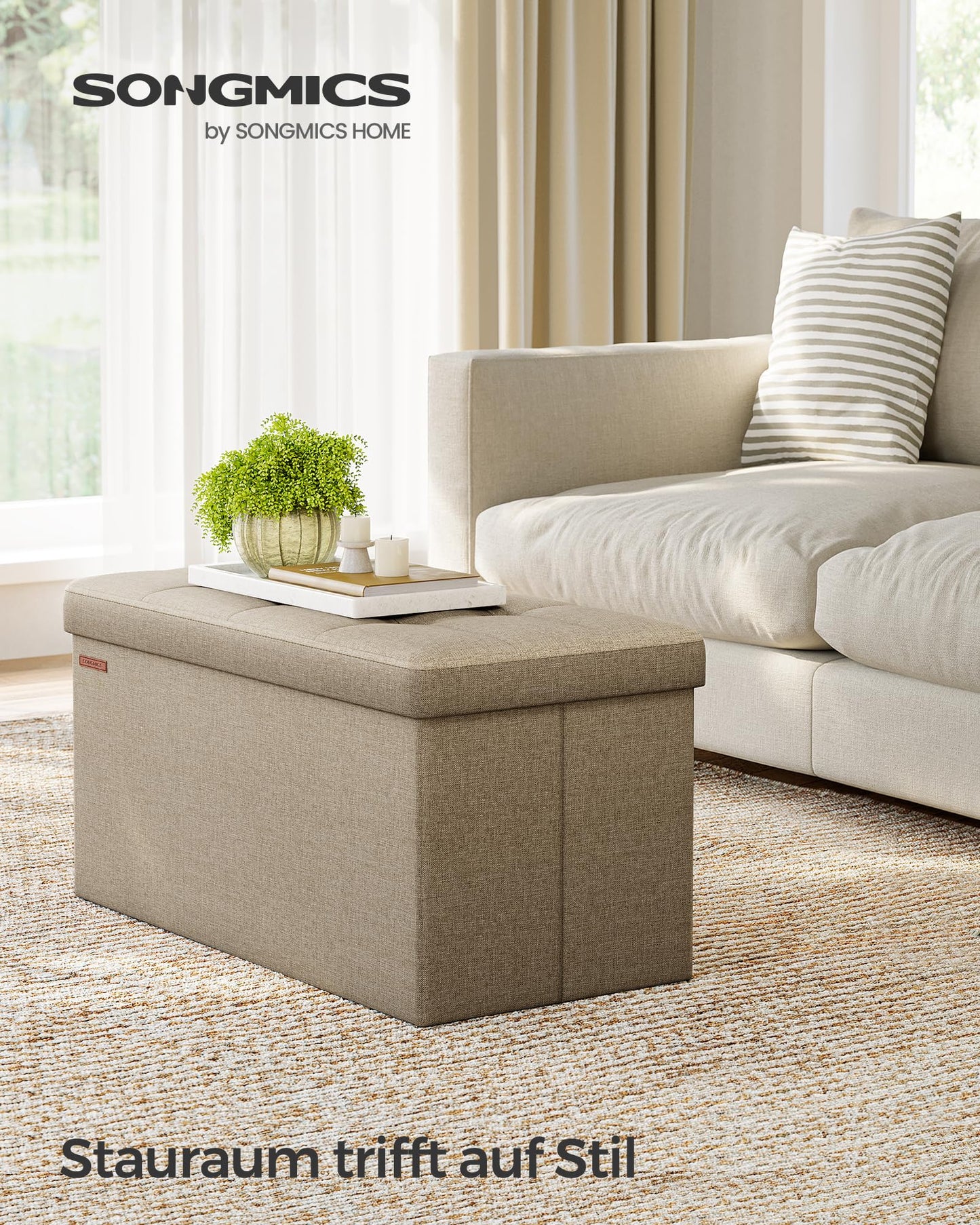 SONGMICS stool with storage space, folding bench, 38 x 76 x 38 cm footstool, storage box, load capacity up to 300 kg, for living room, bedroom, hallway, camel brown LSF047R01 - 6955880314393