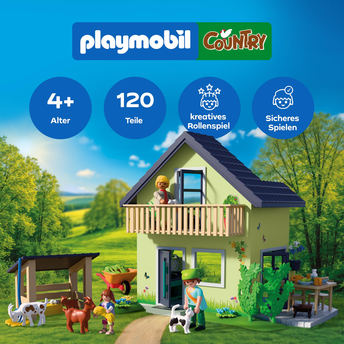 PLAYMOBIL | Țară | Casă de fermă | Casă cu balcon, bucătărie, paturi, animale și accesorii variate | Pentru copii de la 4 ani | 72162