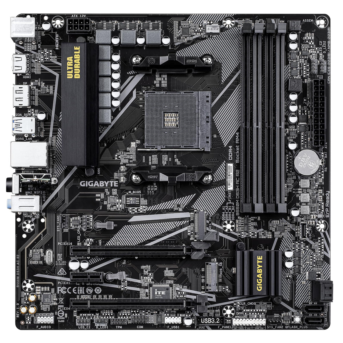 Placa de bază GIGABYTE B550M DS3H AC – compatibilă cu procesoarele AMD Ryzen 5000, VRM cu 5+3 faze, suport pentru DDR4 de până la 4733 MHz (O.C.), 1x PCIe 4.0 + 1x PCIe 3.0 M.2, Wi-Fi 5, LAN 1 GbE, USB 3.2 Gen 1