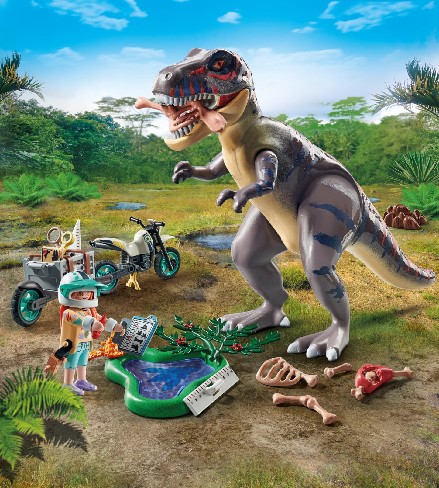 PLAYMOBIL Dinos 71524 T-Rex Tracking, exciting search for the Tyrannosaurus Rex, with motorcycle, camera and real dinosaur bones, sustainable toy for children aged 4 and over