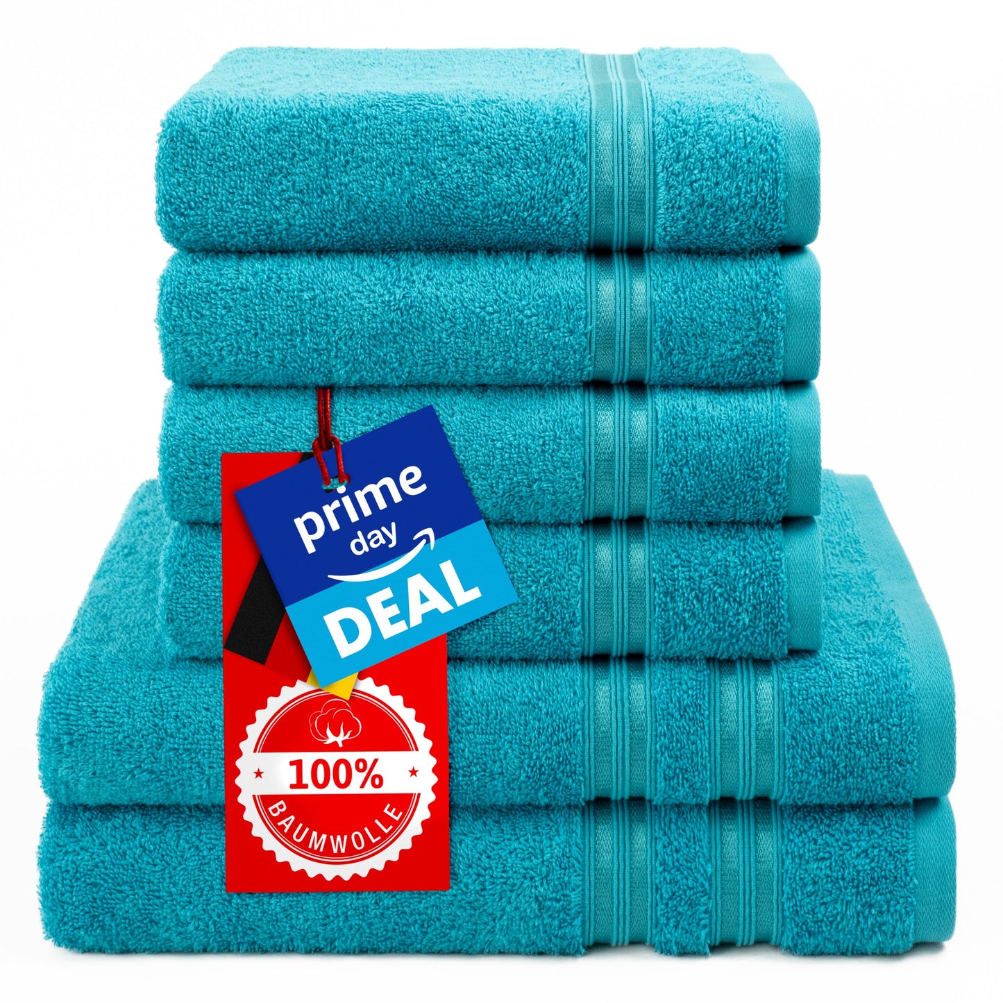 Hammetex set of 6 towels - 2 bath towels 70x140 cm & 4 hand towels 50x100 cm - 100% cotton terry - Oeko-TEX certified - soft, absorbent - with hangers, turquoise - RN66