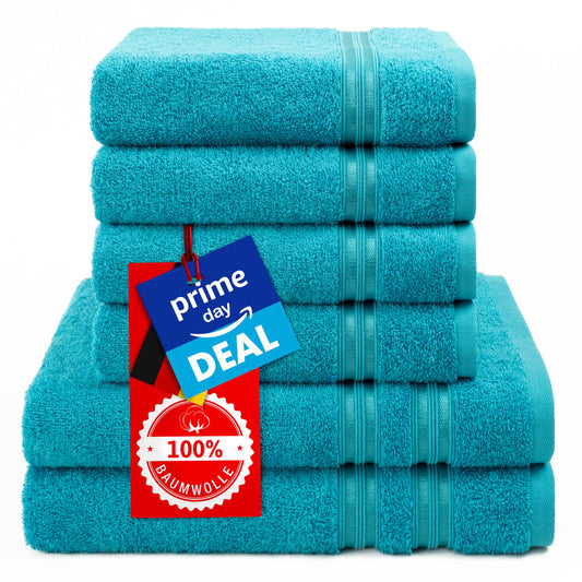 Hammetex set of 6 towels - 2 bath towels 70x140 cm & 4 hand towels 50x100 cm - 100% cotton terry - Oeko-TEX certified - soft, absorbent - with hangers, turquoise - RN66