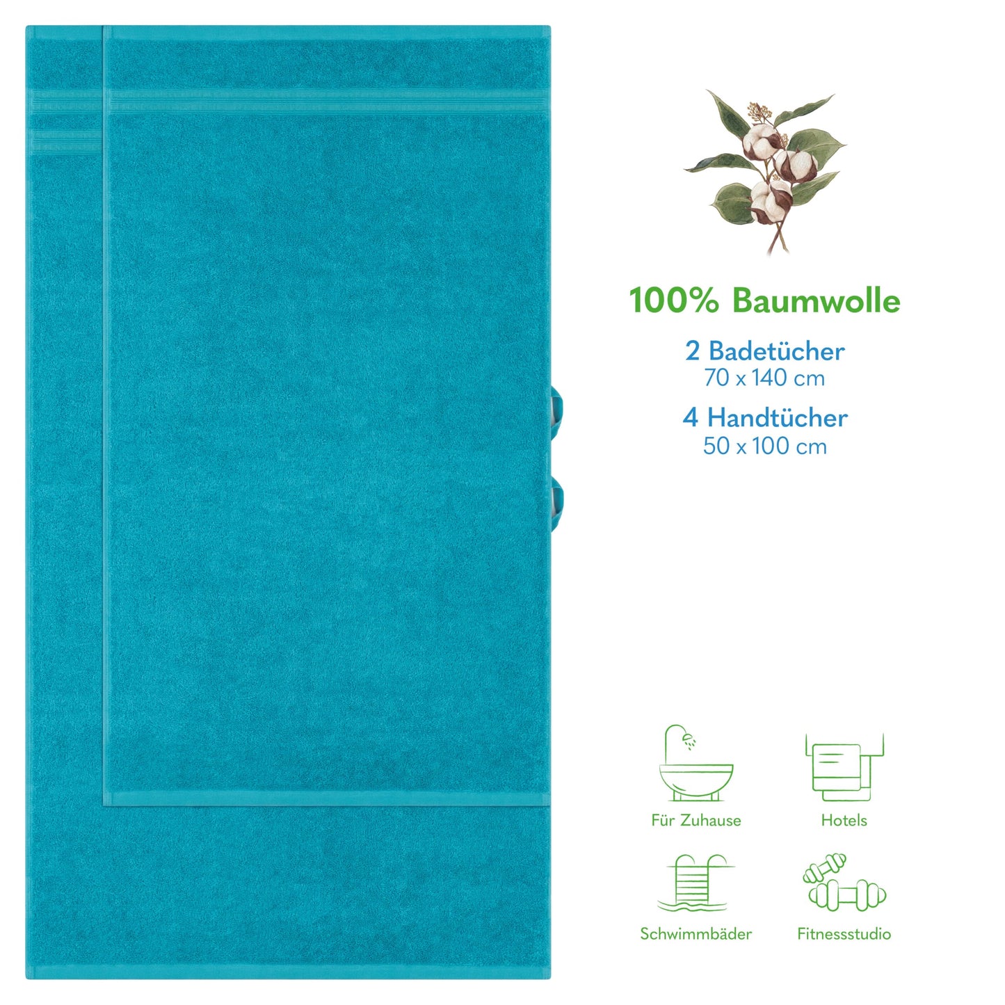 Hammetex set of 6 towels - 2 bath towels 70x140 cm & 4 hand towels 50x100 cm - 100% cotton terry - Oeko-TEX certified - soft, absorbent - with hangers, turquoise - RN66