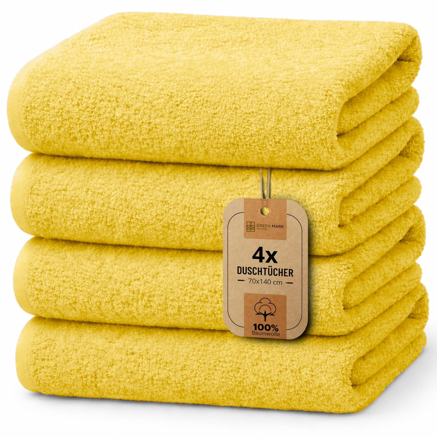 NatureMark 4-piece shower towel set - soft and absorbent shower towels made from 100% cotton, suitable for everyday use - yellow, 70x140 cm - NM-HT0724
