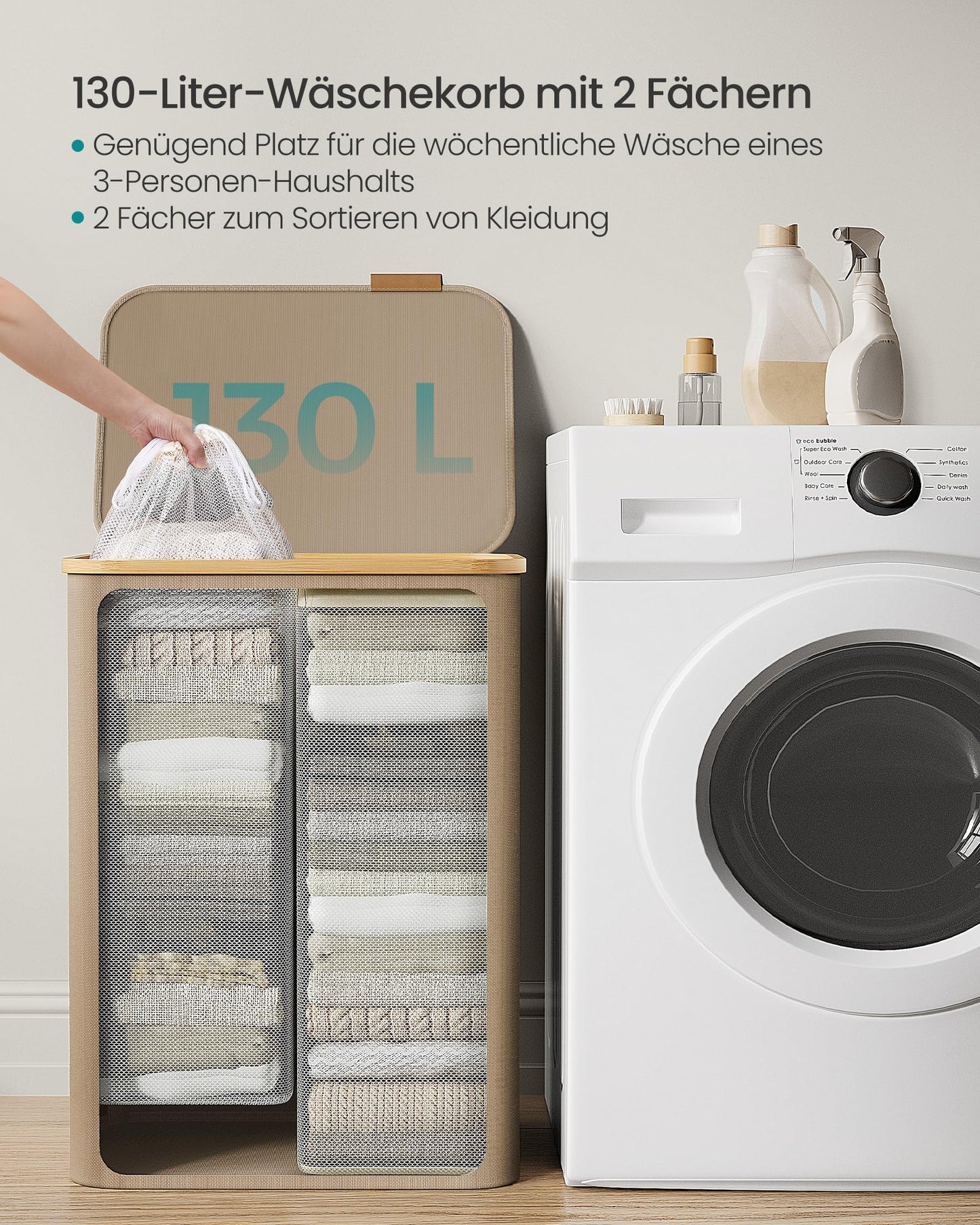 SONGMICS Laundry Basket with Lid, Laundry Hamper with 2 Compartments, 130L, Removable Laundry Bag, Oxford Fabric, Bamboo Handles, Foldable, 52 x 38.5 x 70.5 cm, Camel Brown LCB513LJ01 - PCT611W01