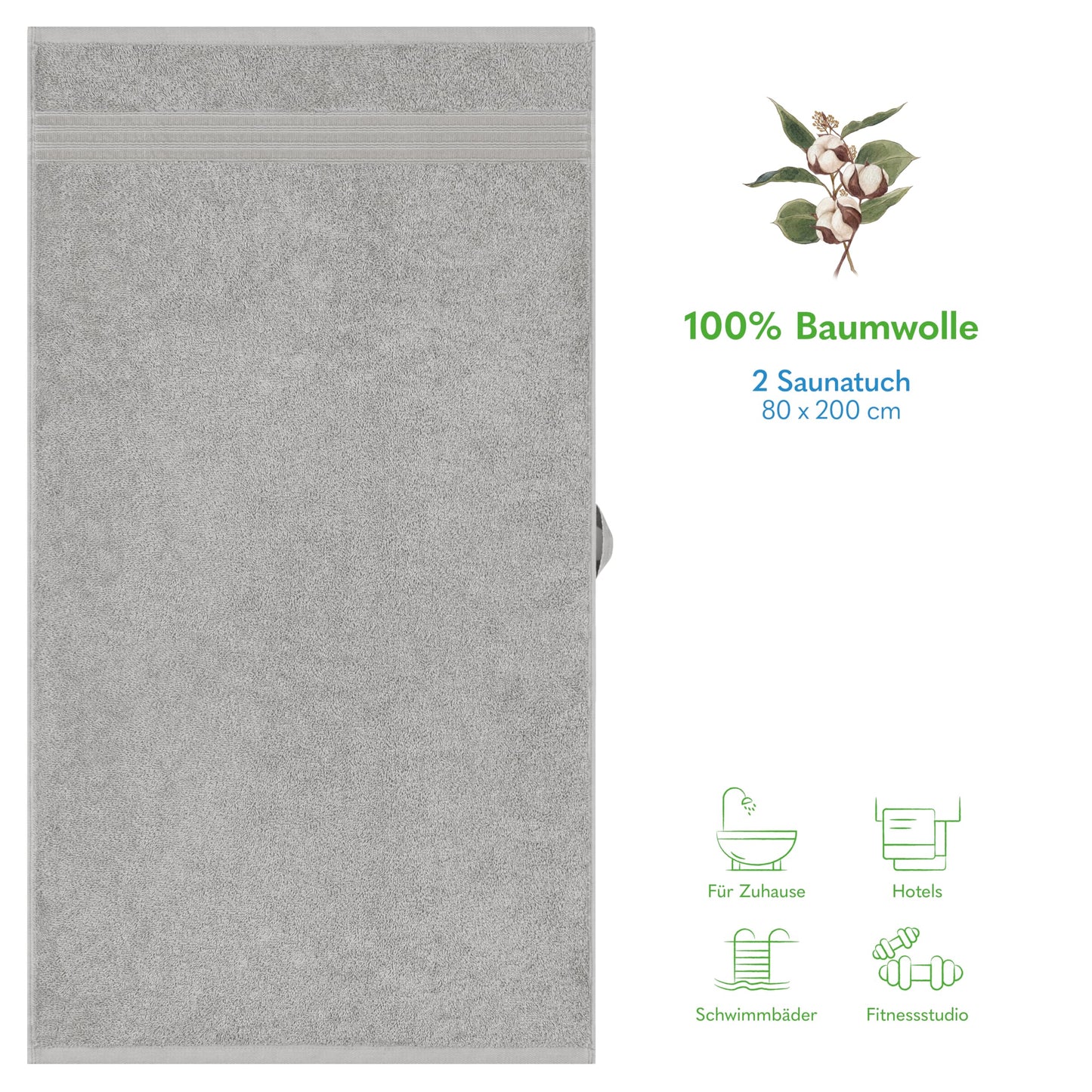 Hammetex sauna towels 80x200 cm set of 2 - extra large shower towels - 100% cotton terry - Oeko-TEX certified - soft, absorbent - with hanger, light gray - RN333