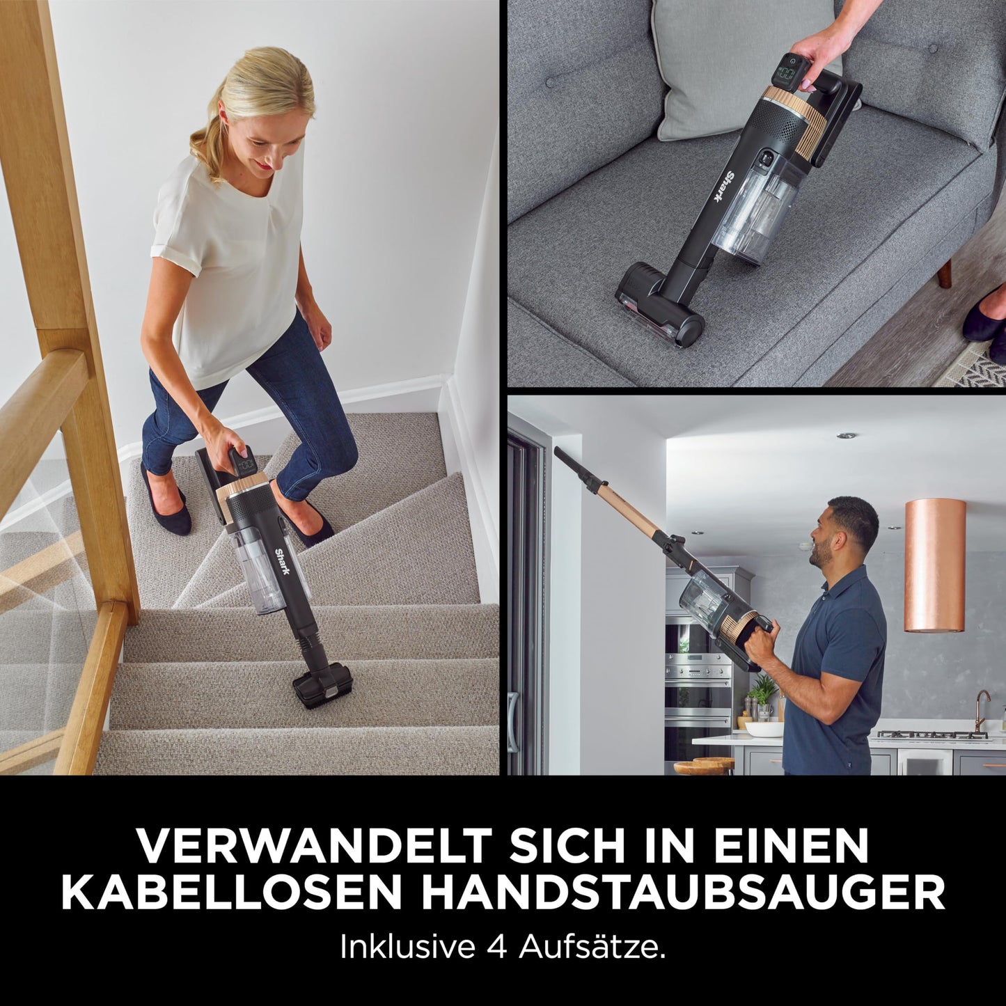 Shark Stratos cordless vacuum cleaner, free-standing, up to 60 minutes running time, cordless, bagless, for pet hair, allergy sufferers, carpet and hard floors, with car kit and articulated tube, grey/rose gold, IZ400EUTBK