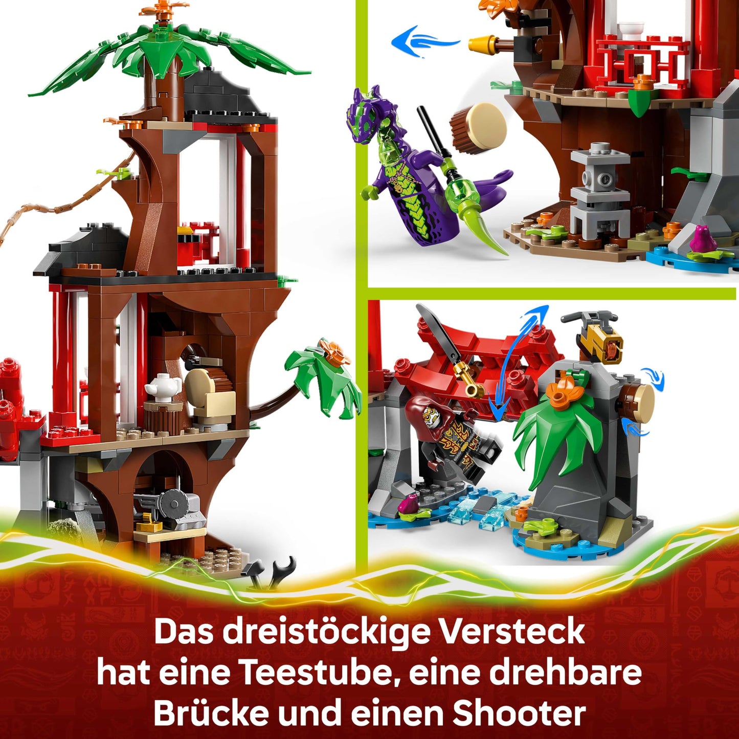 LEGO NINJAGO showdown at the tree house with the ninja bike - action toy with motorcycle, helicopter, 6 minifigures and swords - gift for boys aged 7 and up and fans - 71857