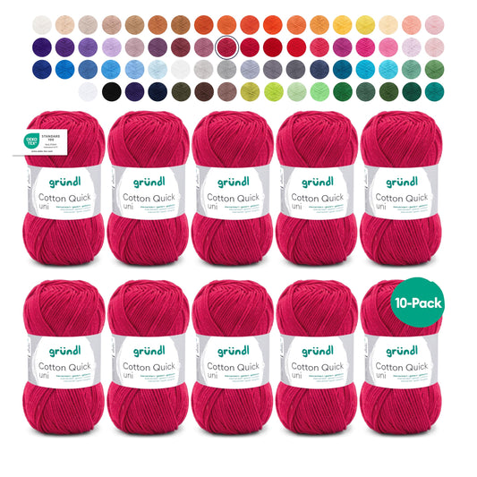 Gründl Wolle Cotton Quick uni - thin wool for crocheting - knitting yarn - crochet yarn - shiny and skin-friendly - 100% cotton - 10 balls 50 g / 125 m - needle size 3-4 - wine red - 865-154