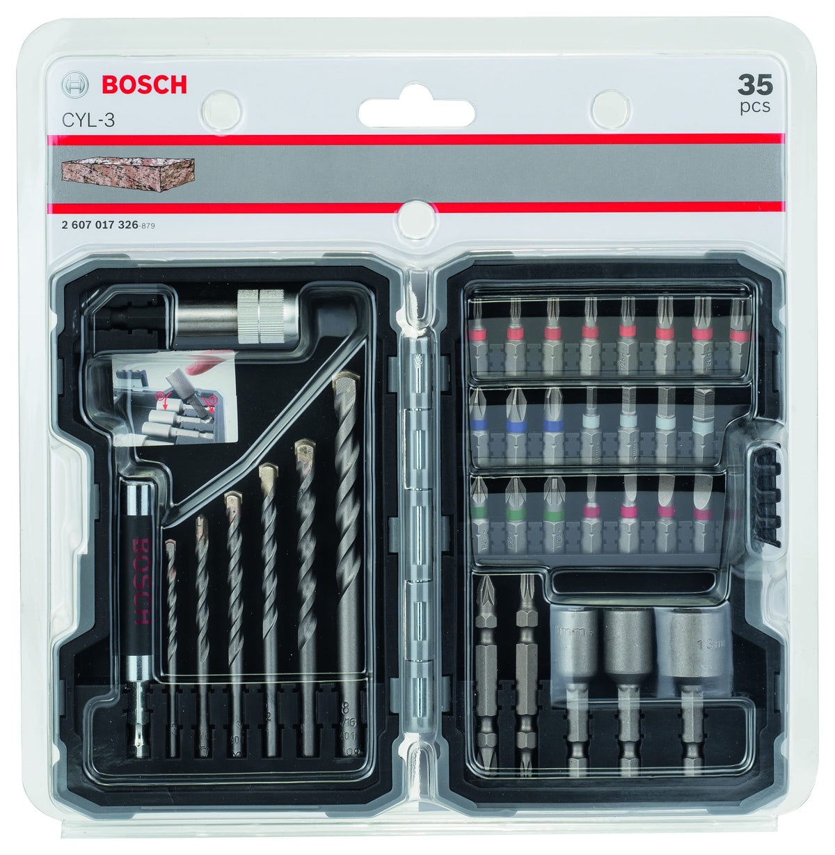 Set de accesorii Bosch Professional 35tlg. CYL-3 pentru beton, cu burghie și biți extra duri (biți cu cruce, Pozidriv, Hex, TH, S-Bit, accesorii pentru burghiu și șurubelniță) - 2607017326