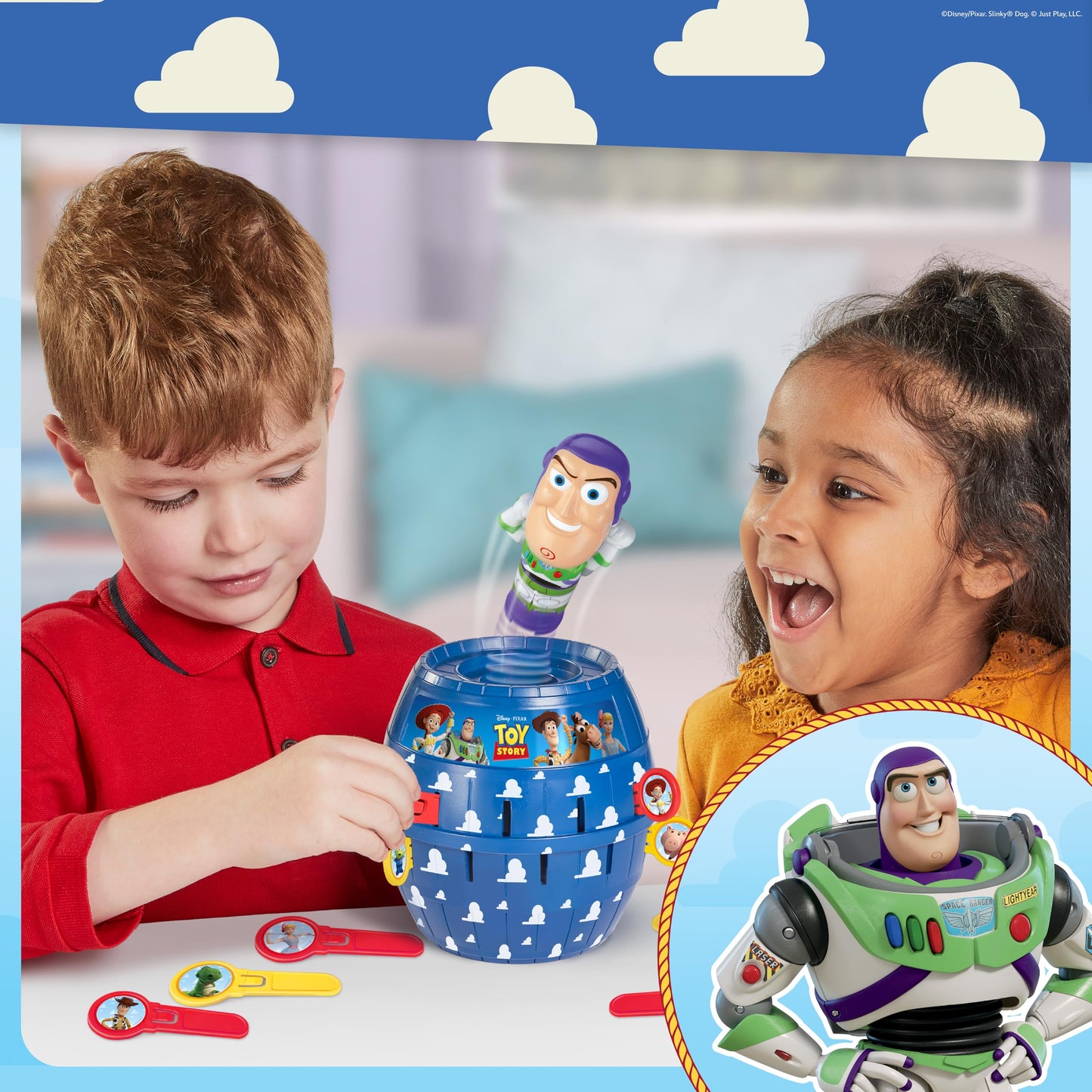 TOMY Pop Up Buzz Lightyear game, Toy Story children's action game, fun plug-in game with sticks, Disney Pixar Buzz Lightyear family game, quick reaction game for 2-4 players, ages 4 and up - T73938