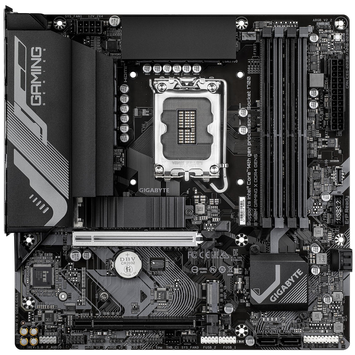 GIGABYTE B760M Gaming X DDR4 GEN5 Placă de bază – Suportă procesoare Intel Core de generația a 14-a, 8+1+1 faze VRM, până la 3200 MHz DDR4, 2 x PCIe 4.0 M.2, LAN 2.5 GbE, USB 3.2 Gen 1