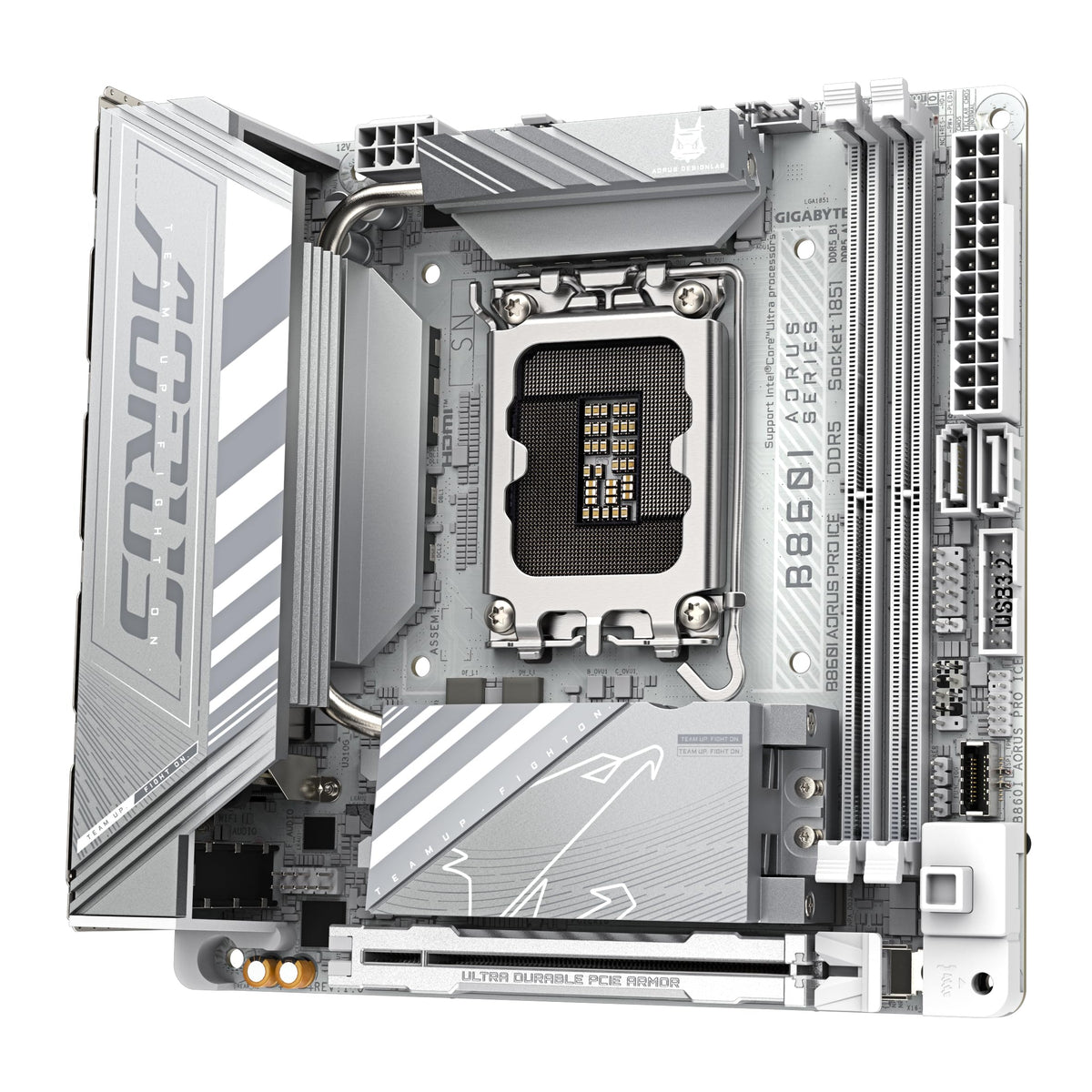 GIGABYTE B860I AORUS PRO Ice Placă de bază - procesoare Intel Core Ultra, 8+1+2+1 faze VRM, până la 9200MHz DDR5, 1xPCIe 5.0 + 1xPCIe 4.0 M.2, LAN 2,5 GbE, WiFi 7, Thunderbolt 4