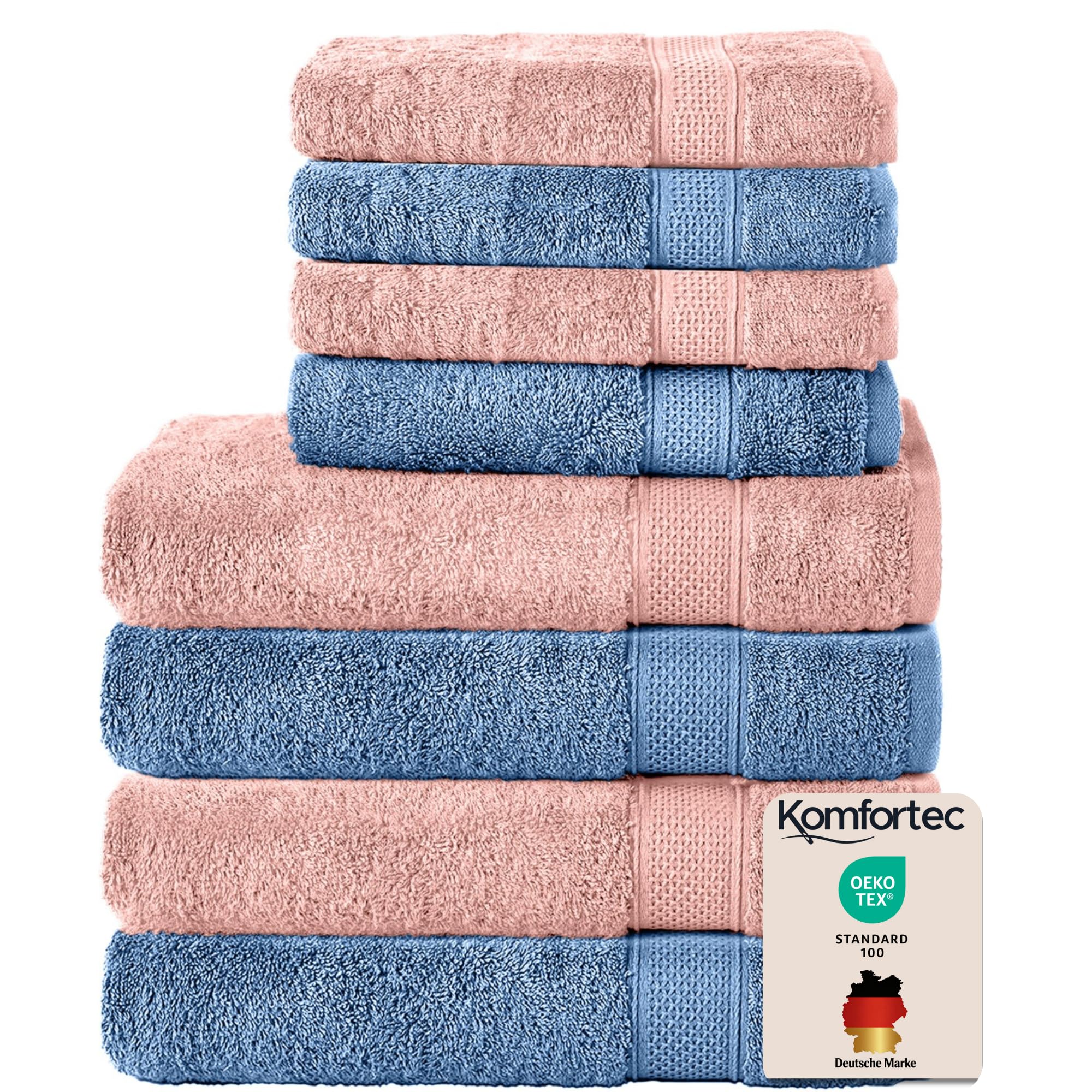 Set 8 prosoape Komfortec, 4 prosoape de baie 70x140 cm și 4 prosoape de mâini 50x100 cm, frotir 100% bumbac, pufos și absorbant, roz/albastru deschis - 4er-50x100-und-4er-70x140-rosa-hellblau