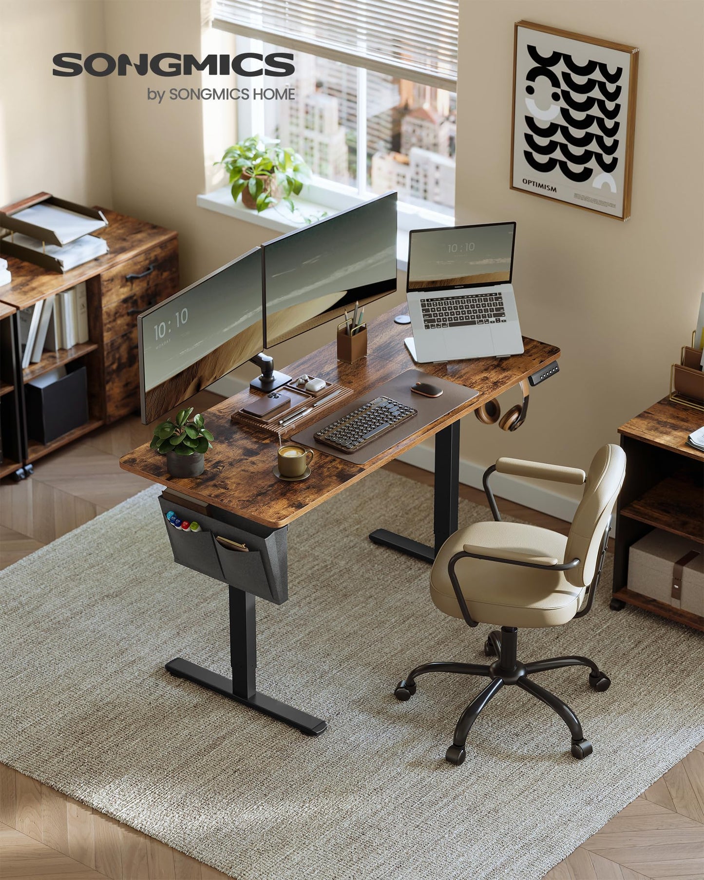 SONGMICS Electric height-adjustable desk, 140 x 60 cm, infinitely adjustable, memory function with 4 heights, vintage brown LSD134K01