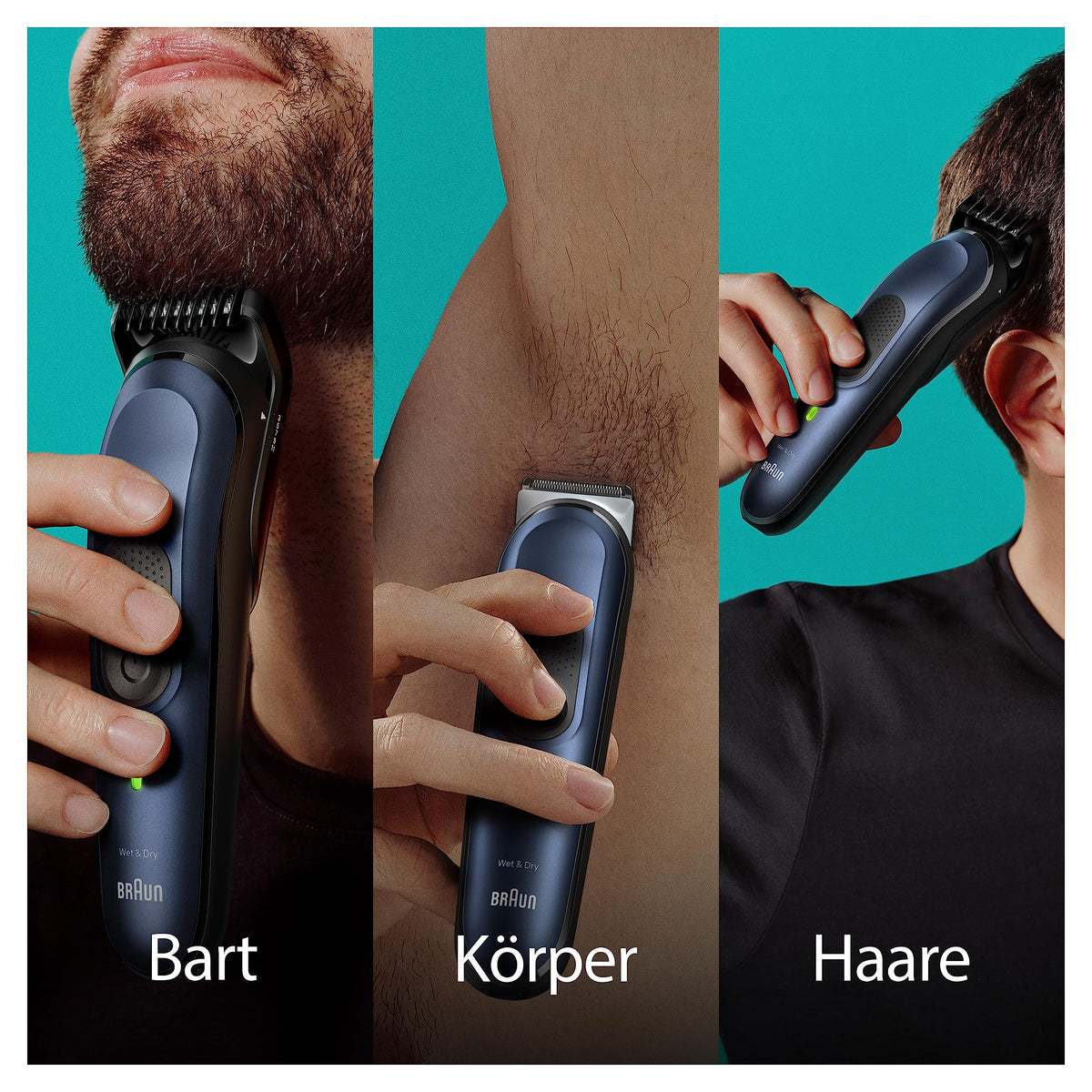 Braun All-In-One Trimmer-Set 7, 10-in-1 Multigroom, trimmer pentru barbă, trimmer pentru părul din nas, mașină de tuns pentru față, cap și corp, 100 min. autonomie, 14 lungimi (3–21 mm), rezistent la apă, MGK7410, Albastru