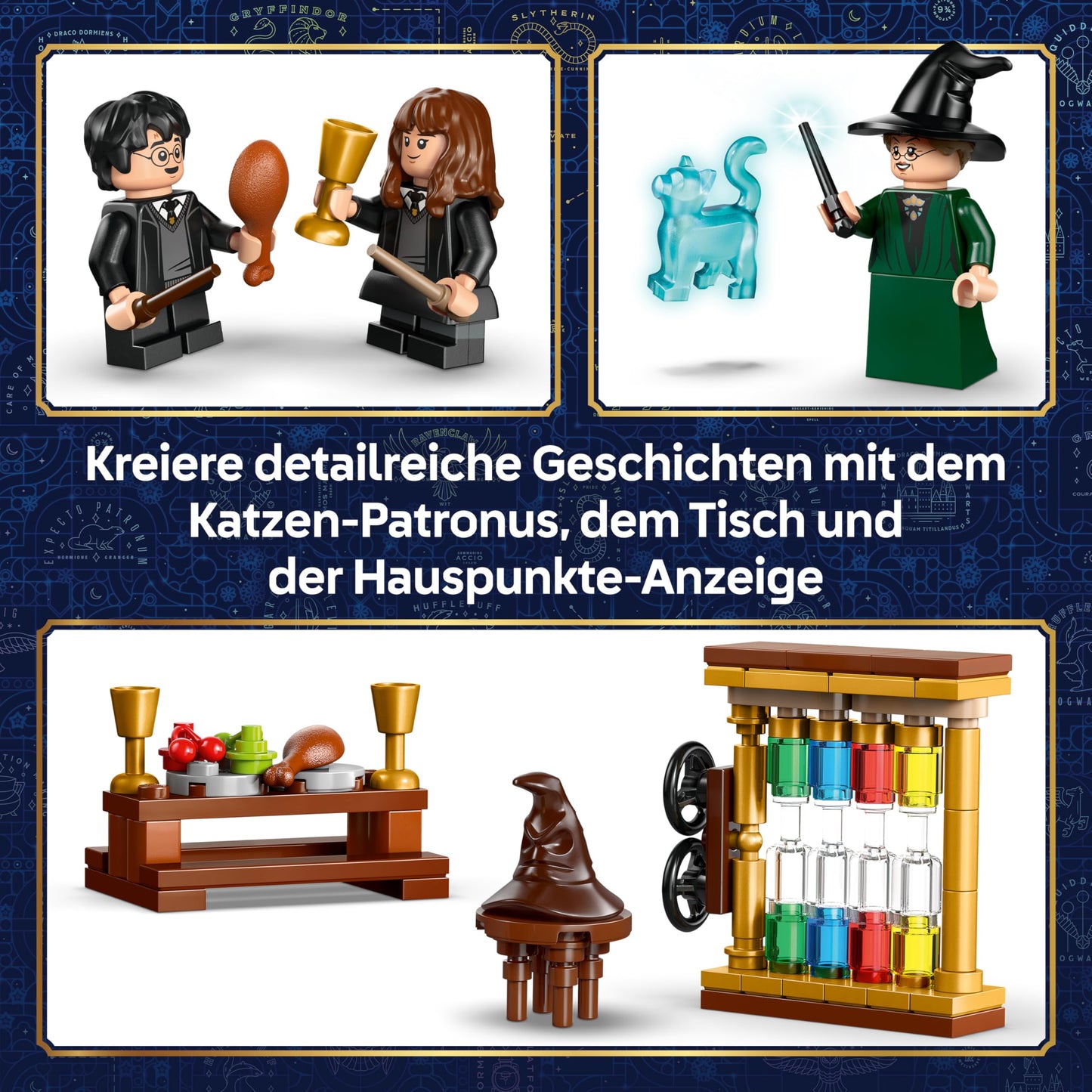 LEGO Harry Potter Hogwarts Castle: Sorting Hat Selection Ceremony - Patronus, Hermione and Draco Malfo minifigures with wands, spinning wheel - Gift for children aged 7 and up - 76460