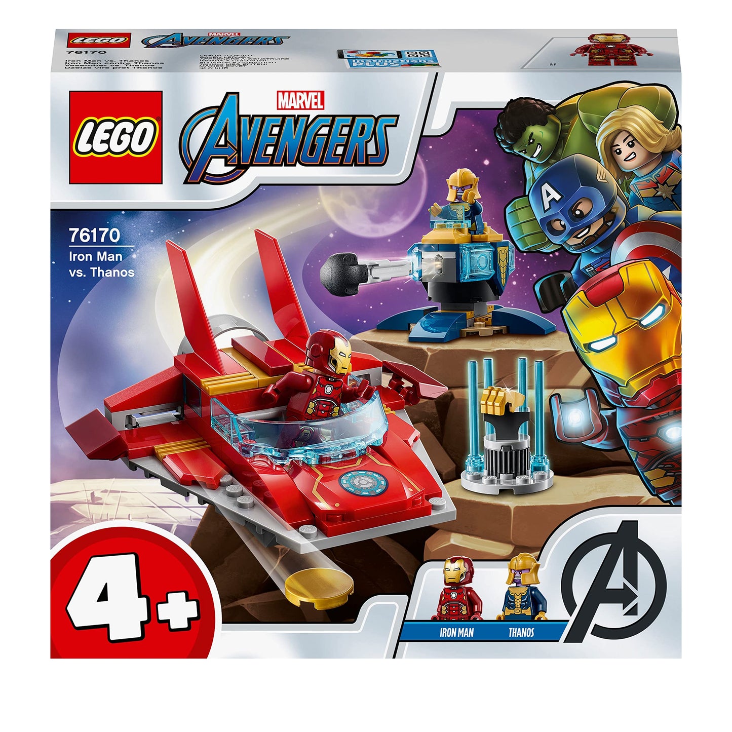 LEGO 76170 Marvel Avengers Iron Man vs. Thanos with jet and 2 superhero figures, toy for ages 4 and up