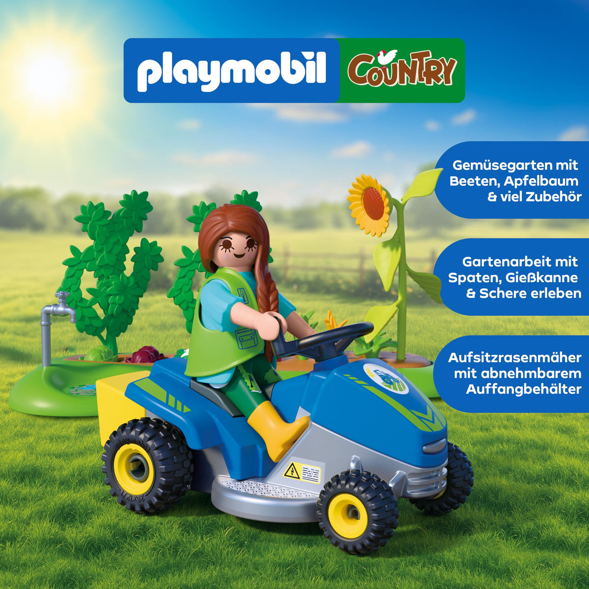 PLAYMOBIL | Țară | Grădină idilică cu legume | Set de grădină cu mașină de tuns iarba cu scaun, legume comestibile și multe accesorii | Pentru copii de la 4 ani | 72165
