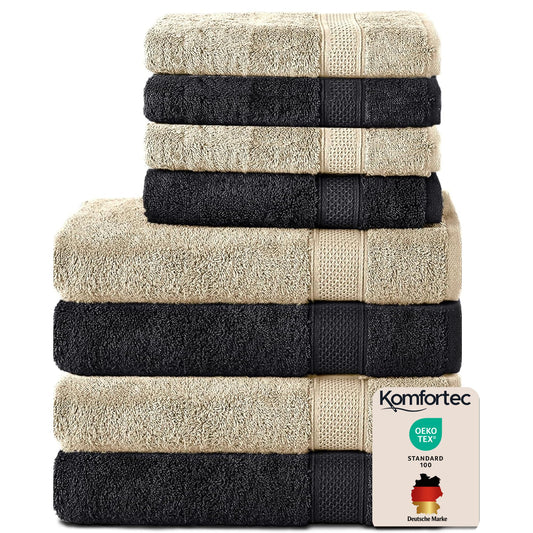 Set 8 prosoape Komfortec, 4 prosoape de baie 70x140 cm și 4 prosoape de mâini 50x100 cm, 100% bumbac, frotir moale și absorbant, negru/bej - 4er-50x100-und-4er-70x140-schwarz-beige