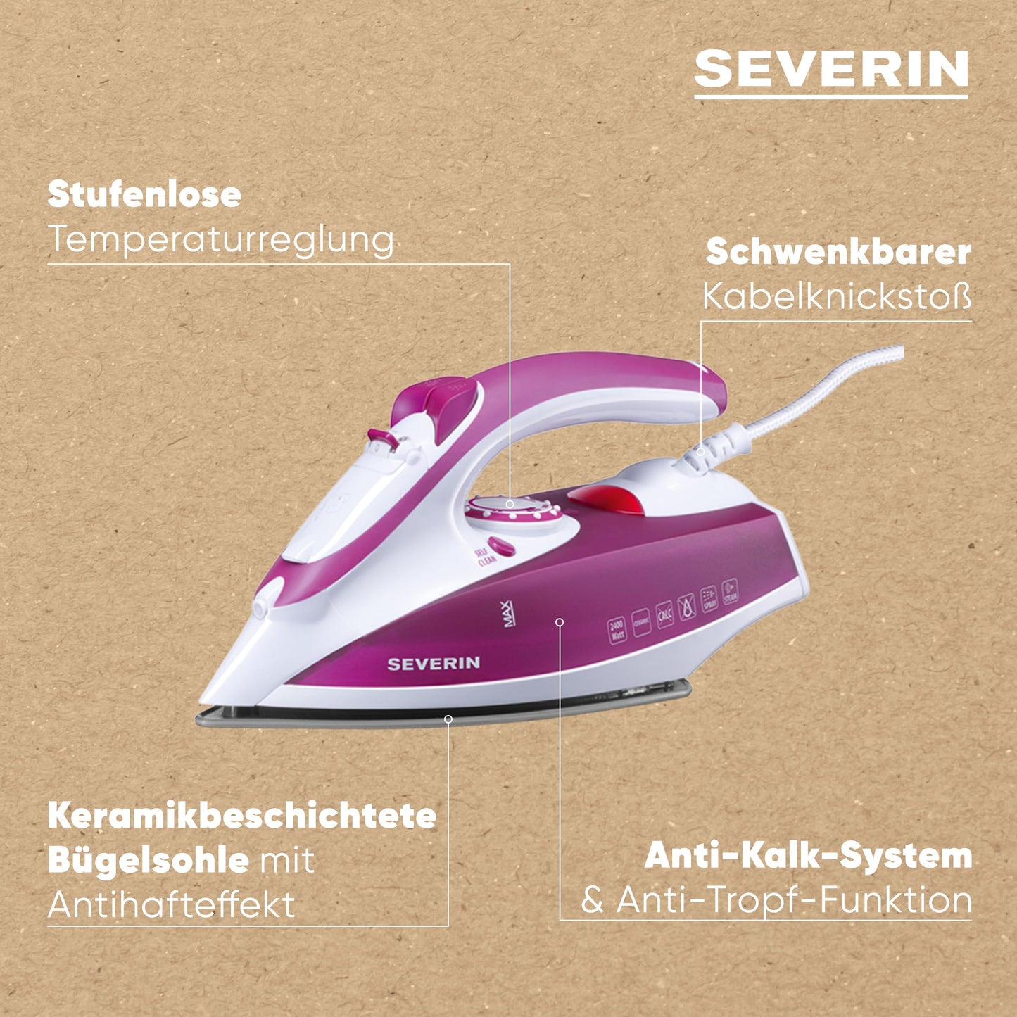 SEVERIN steam iron with ceramic-coated soleplate and non-stick effect, 2400W, 70g/min steam boost, 30g/min variable steam output, ideal for steam and dry ironing, white/purple, BA 3243 - S73243