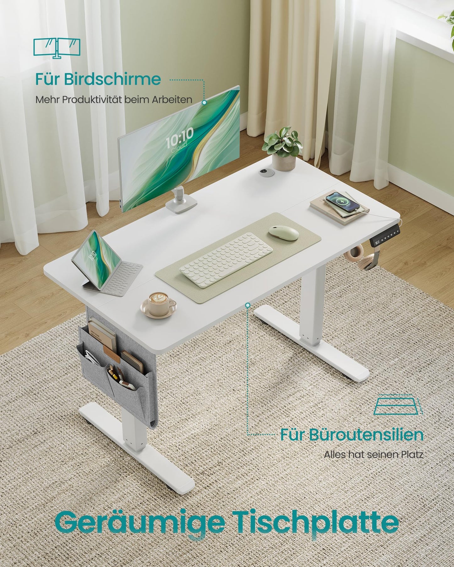 SONGMICS Electric height-adjustable desk, 100 x 60 cm, memory function with 4 heights, USB-C port, cloud white LSD130WZ01
