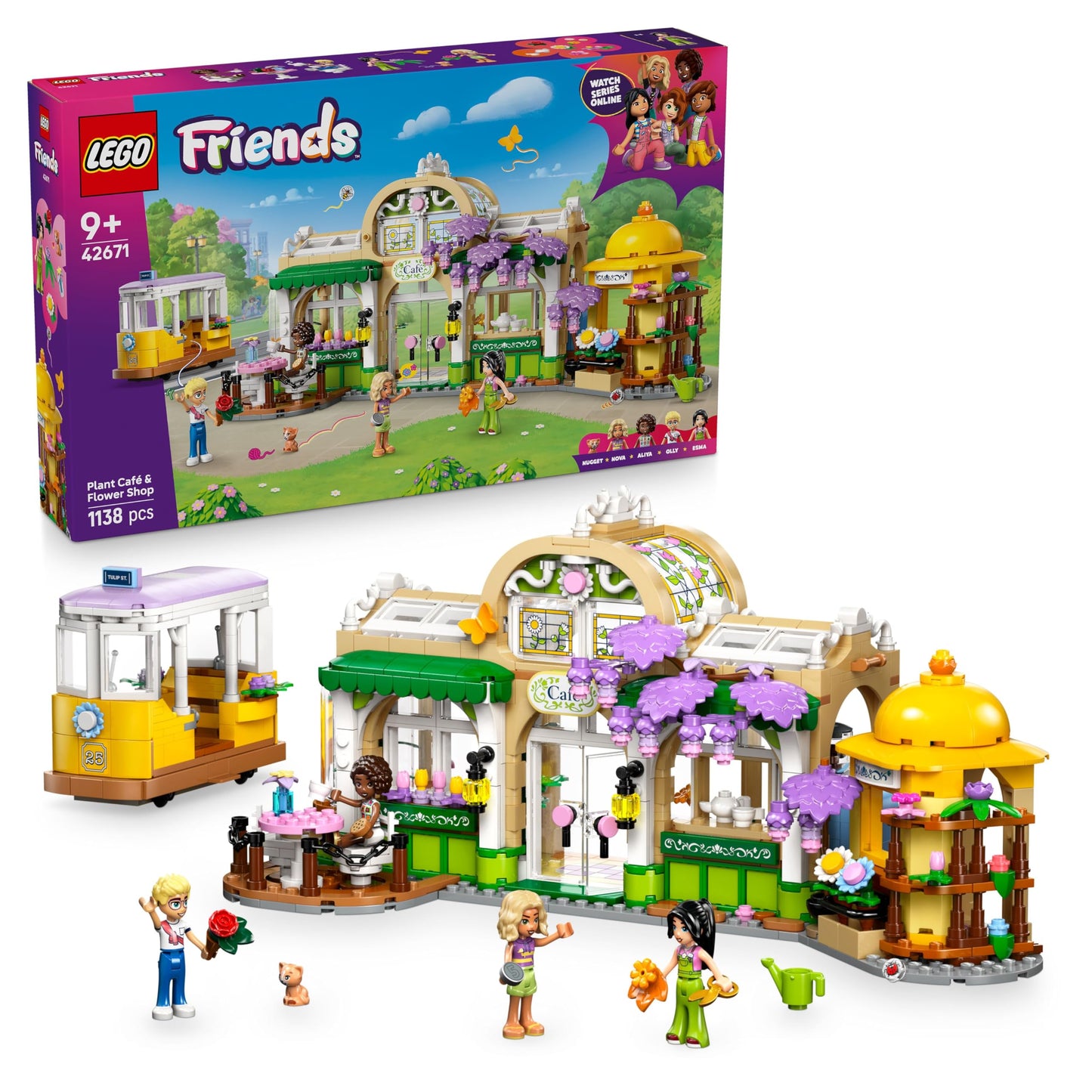 LEGO Friends plant cafe and flower kiosk - toy with 4 minifigures, 1 cat figure, tram and kitchen accessories - pastries, cups and teapot - birthday gift for girls aged 9 and over - 42671