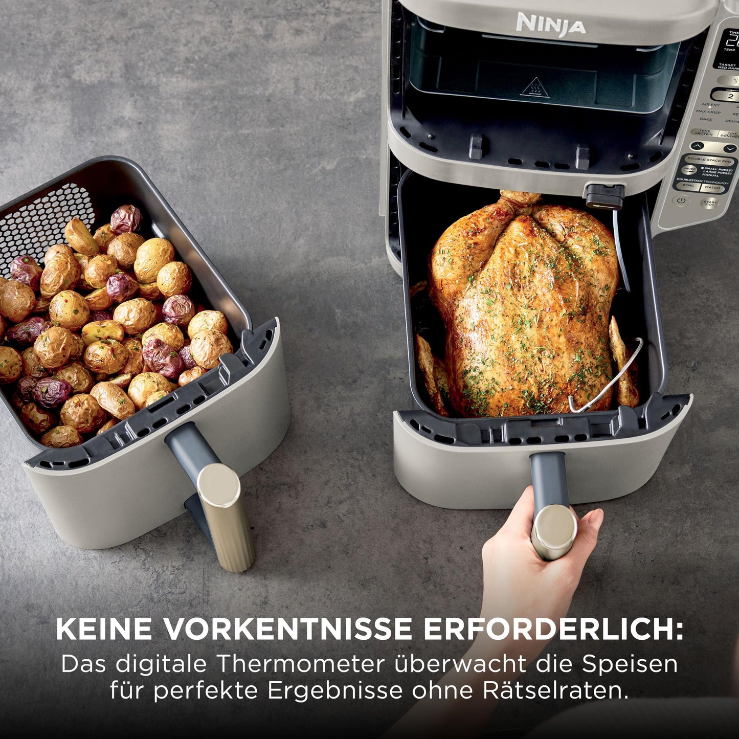 Ninja Double Stack XL Air Fryer with Digital Thermometer and 2 Vertical Drawers, 4 Tiers, and 2 Racks, 9.5L Capacity, 6 Functions, 8 Servings, Steingold SL451EUSD