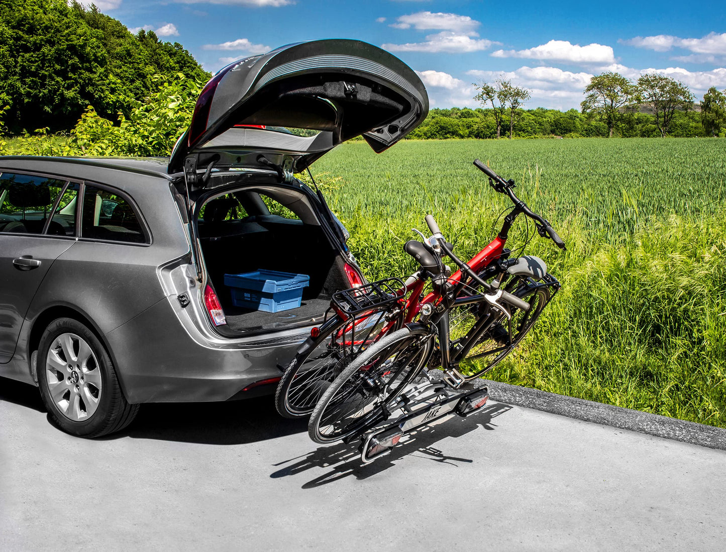 EUFAB 11510 bicycle carrier JAKE, suitable for e-bikes, partially pre-assembled, expandable, anti-theft protection, for 2 bicycles, for trailer hitch