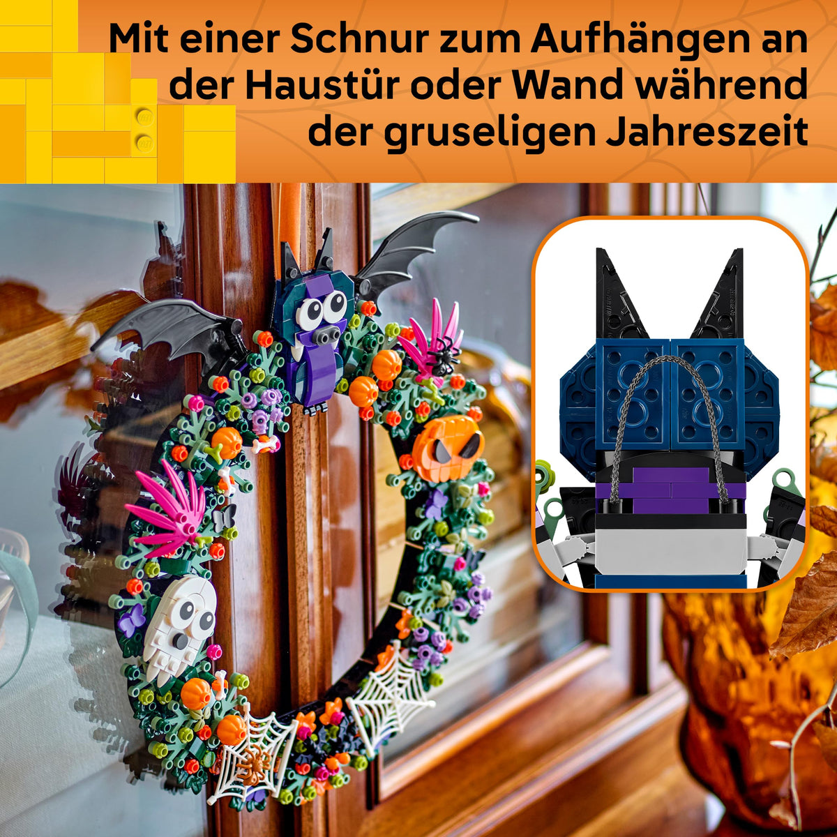LEGO Halloween wreath model kit - with bats, ghosts and spider web - wall decoration - Halloween building toy gift for girls, boys and teenagers aged 12 and over - 40825