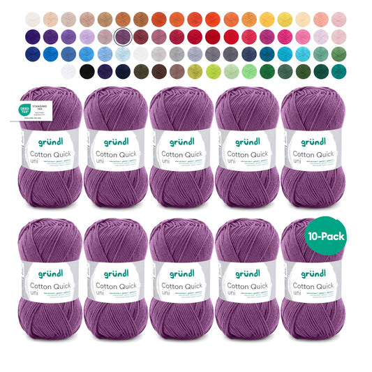 Gründl Wolle Cotton Quick uni - thin wool for crocheting - knitting yarn - crochet yarn - shiny and skin-friendly - 100% cotton - 10 balls 50 g / 125 m - needle size 3-4 - mauve - 865-158