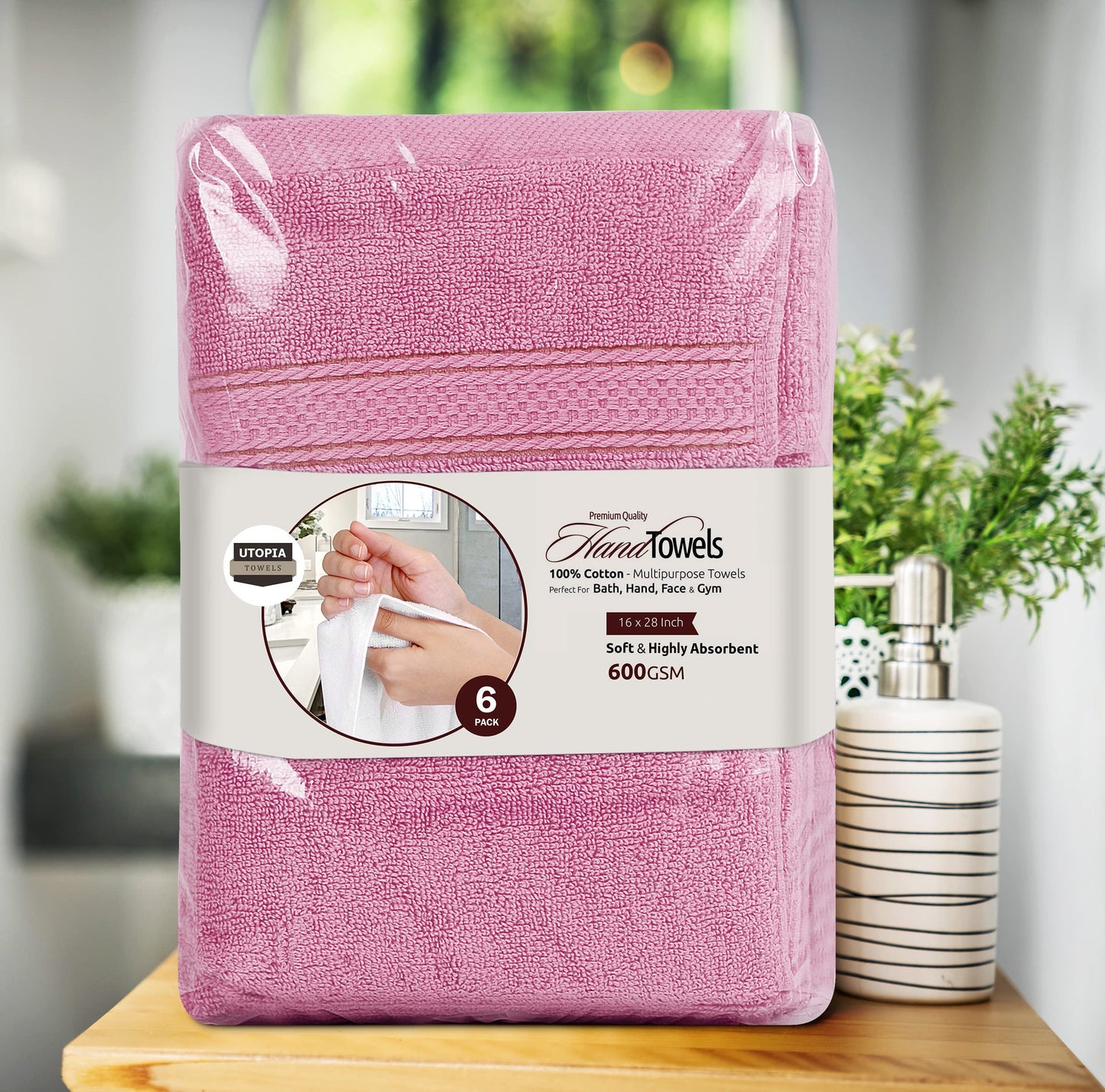 Utopia Towels, Premium Towel Set, 100% Ringspun Cotton, Ultra Soft and Highly Absorbent, 600gsm, for Bathroom, Gym, Shower, Hotel and Spa, 16" x 28", Pink, Pack of 6 - UT0899