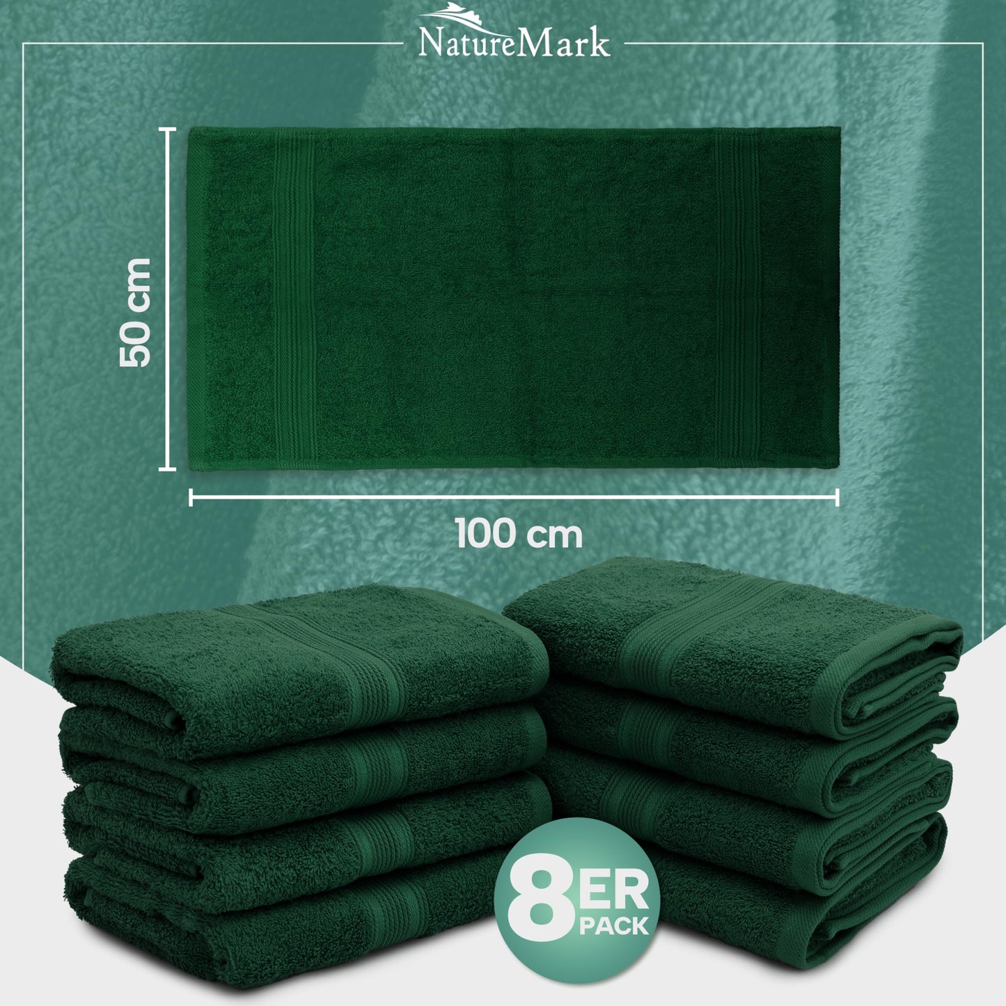 NatureMark 8 towel set - 100% cotton - absorbent and durable towels, size 50×100cm, dark green - 8er_dgrün