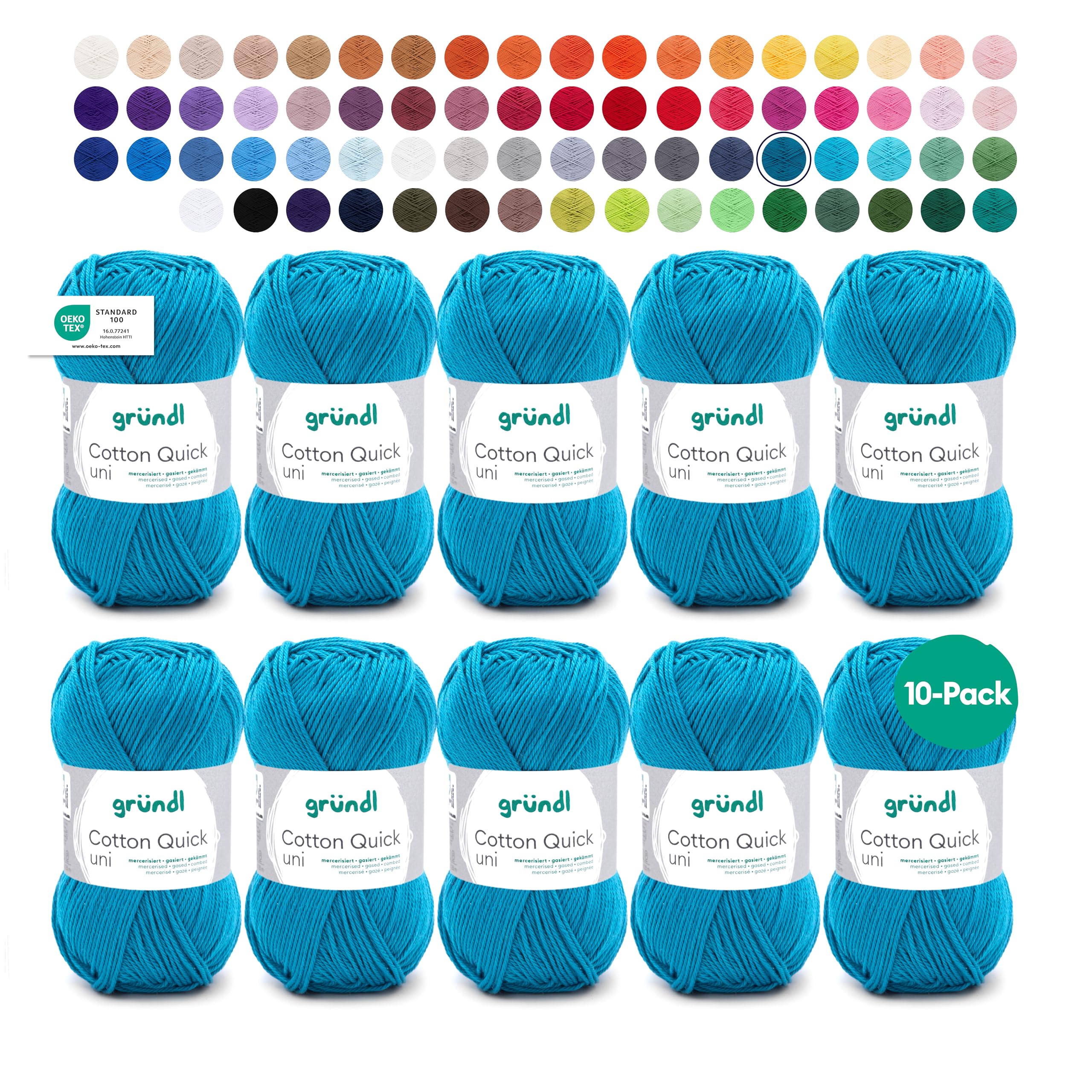 Gründl Wolle Cotton Quick uni - thin wool for crocheting - knitting yarn - crochet yarn - shiny and skin-friendly - 100% cotton - 10 balls 50 g / 125 m - needle size 3-4 - petrol - 865-143