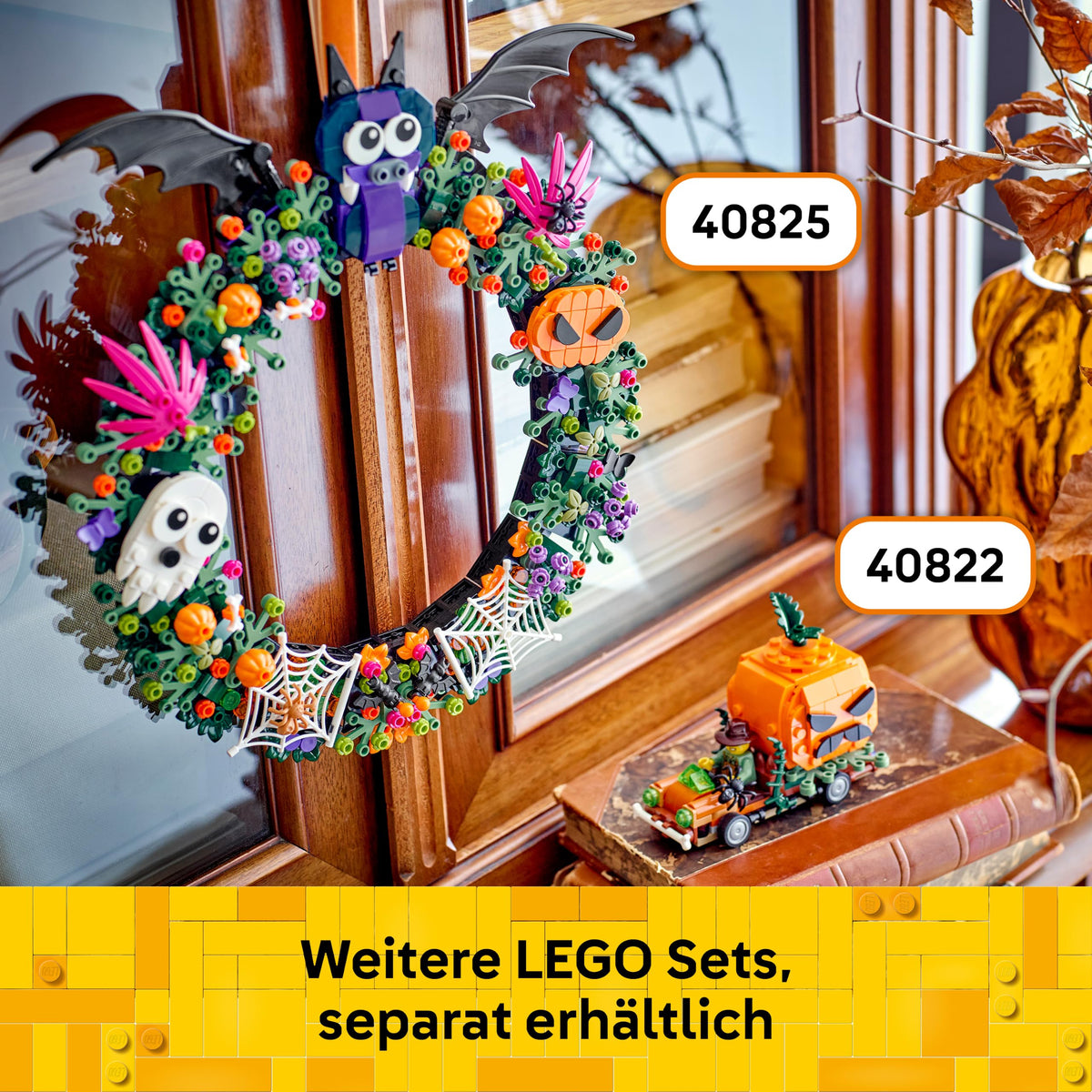LEGO Halloween wreath model kit - with bats, ghosts and spider web - wall decoration - Halloween building toy gift for girls, boys and teenagers aged 12 and over - 40825