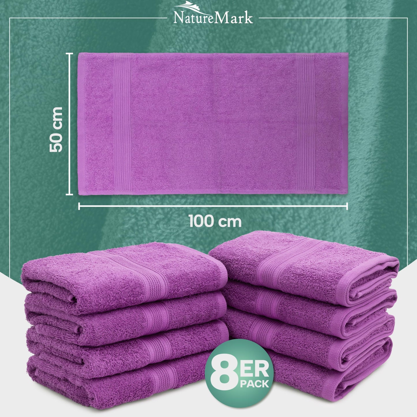 NatureMark 8 towel set - 100% cotton - absorbent and durable towels, size 50×100cm, purple - NM-HT0847