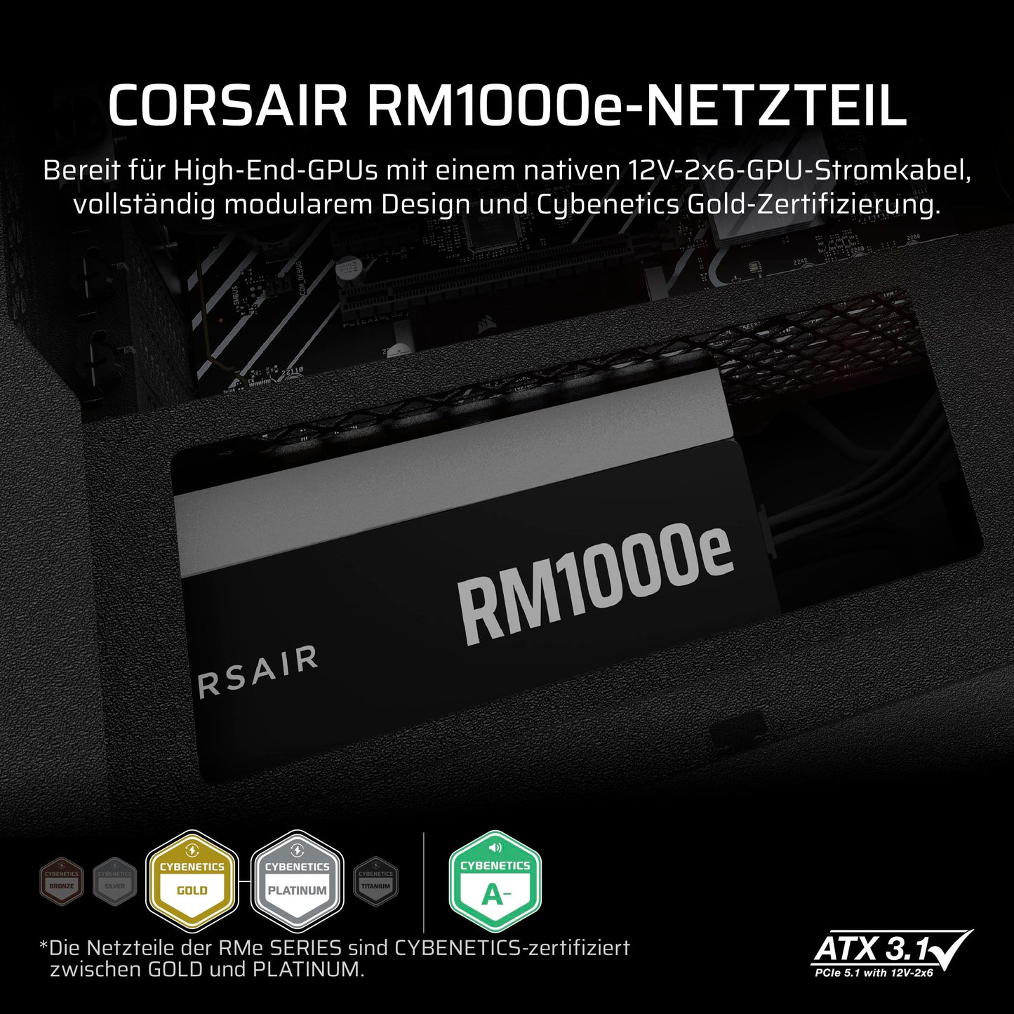 CORSAIR RM1000e (2025) Quiet Fully Modular ATX Power Supply with 12V 2x6 Cable - Zero RPM Fan Mode, ATX 3.1 Compliant, PCIe 5.1 Support, Cybenetics Gold - Black - CP-9020297-EU