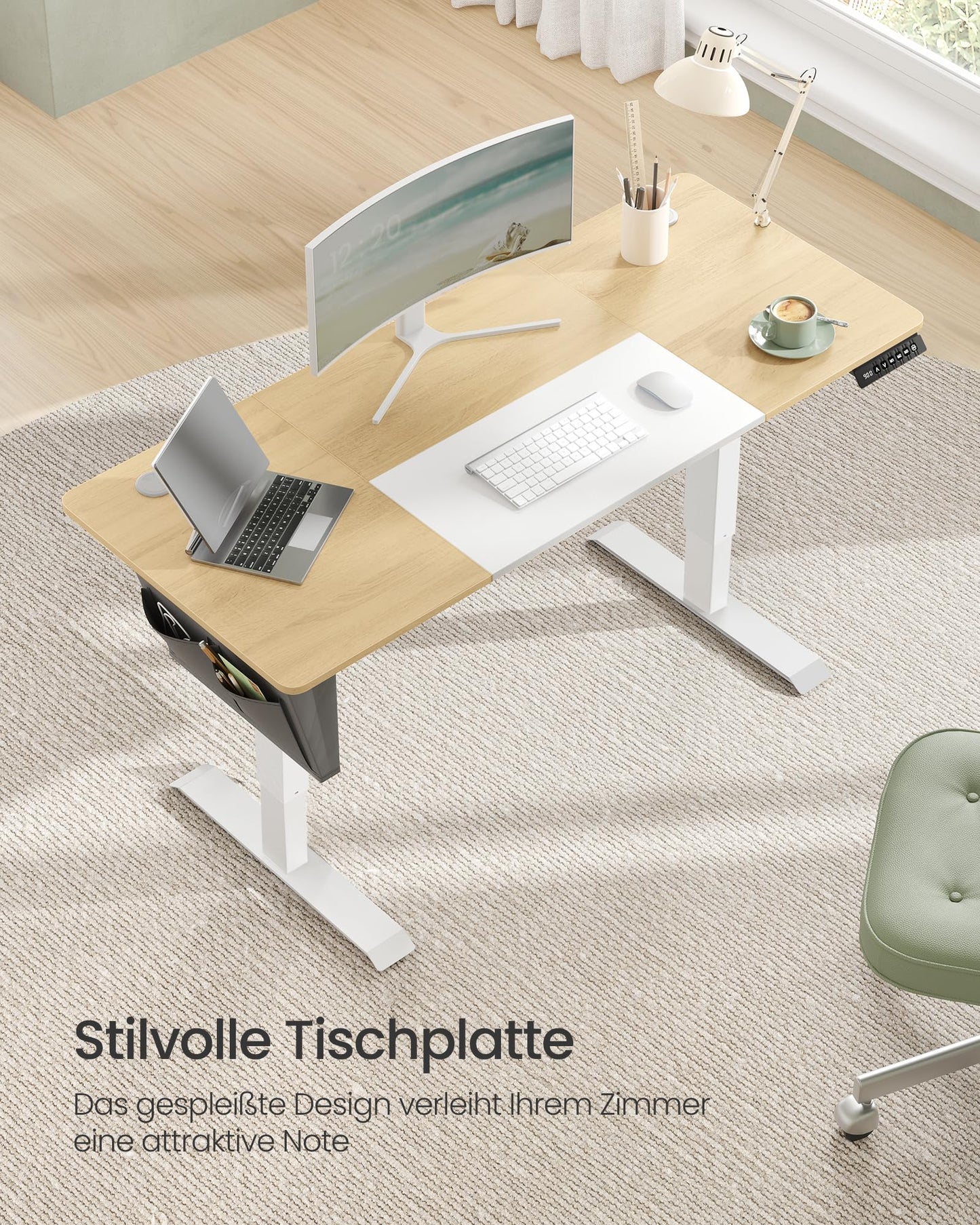 SONGMICS Electric height-adjustable desk, 140 x 60 cm, infinitely adjustable, memory function with 4 heights, natural oak color-matt white LSD016N01