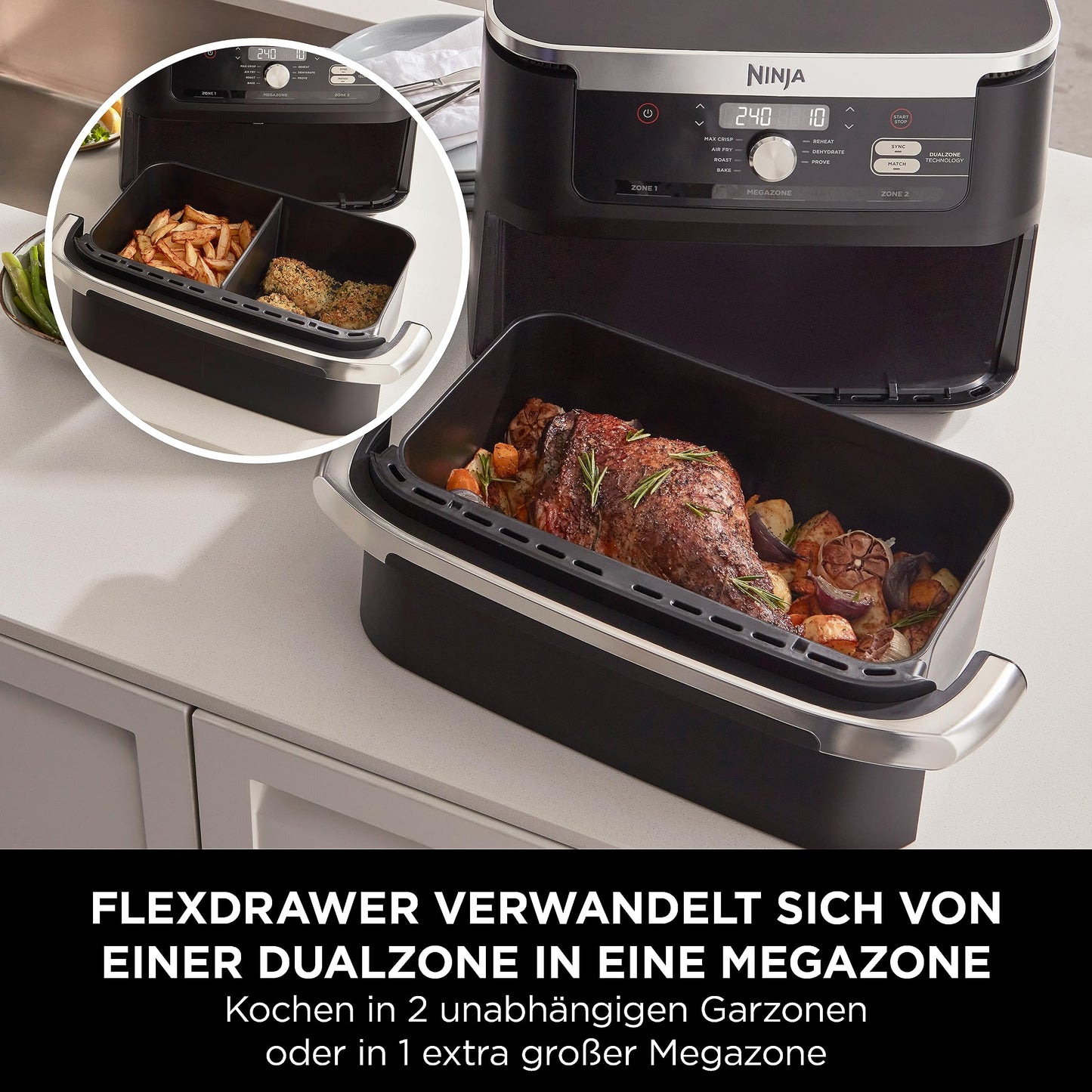 Ninja Foodi FlexDrawer Dual Zone Air Fryer, Air Fryer with 10.4 Compartment and Removable Divider, Non-Stick Coating, Dishwasher Safe Basket, 7-in-1, Black AF500EU