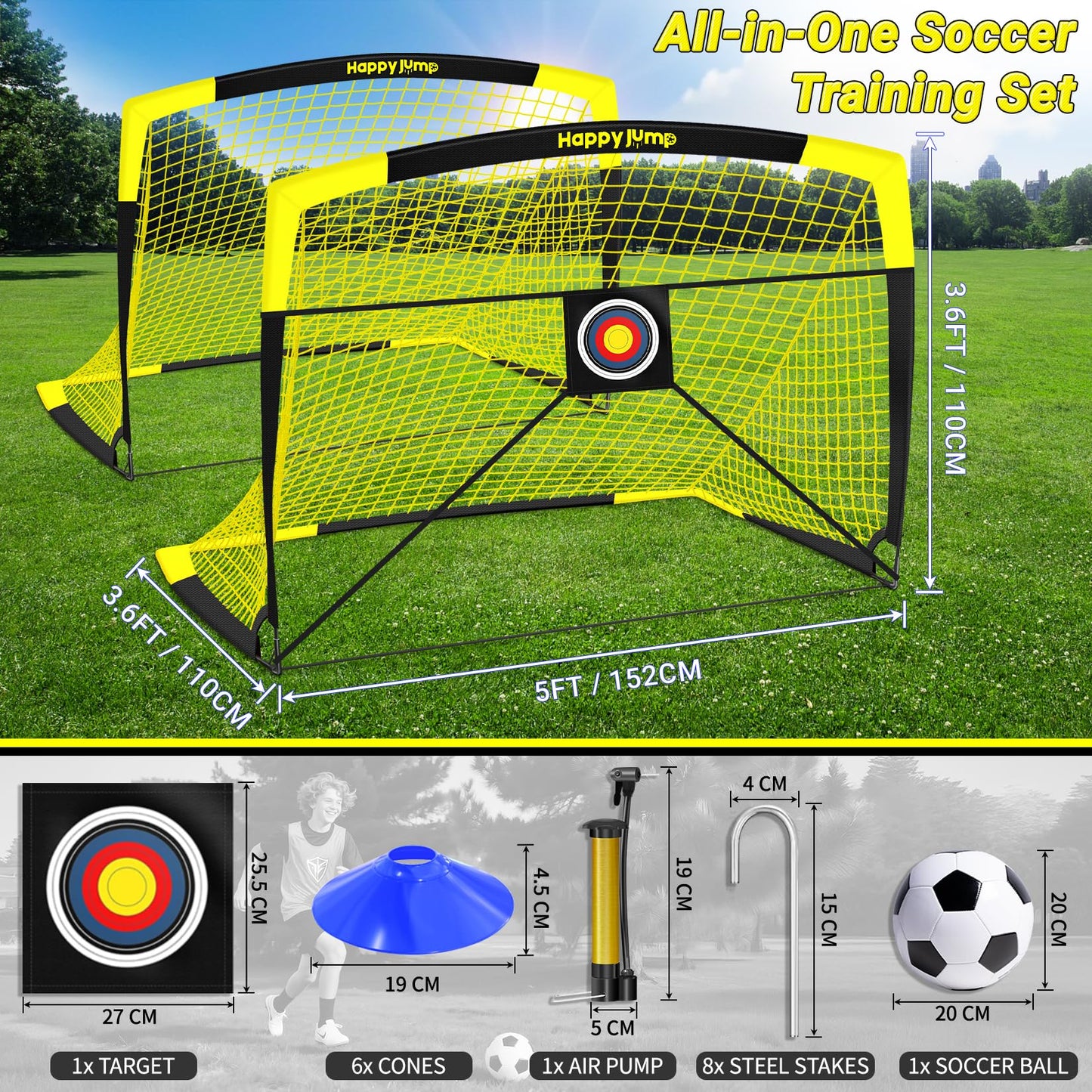 Happy Jump Pop-Up Football Goals - 152x110 cm, 2 goals, black yellow with ball, pump, cone & target | Complete training set for garden & family - Z2500800BQ1