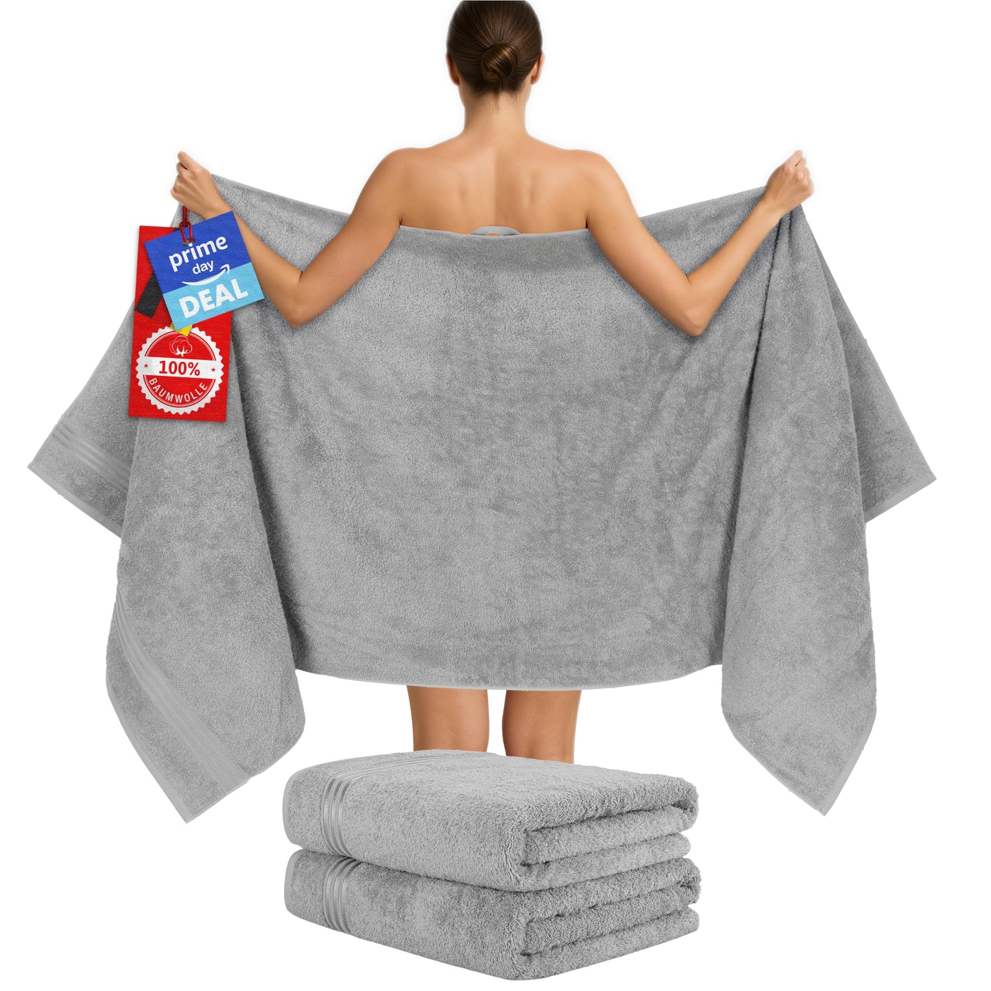 Hammetex sauna towels 80x200 cm set of 2 - extra large shower towels - 100% cotton terry - Oeko-TEX certified - soft, absorbent - with hanger, light gray - RN333
