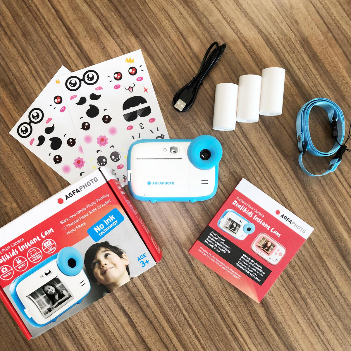 AGFA Photo Realikids Instant Cam + 1 Micro-SD Card 32 GB + 3 Rolls of Thermal Paper ATP3WH – Instant camera for kids, 2.4-inch LCD display, selfie mirror, and photo filters – Blue