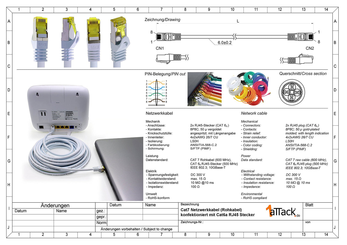 1aTTack.de Cat.7 network cable 7.5 m blue pack of 5 Cat7 Ethernet cable network LAN cable raw cable 10 Gb s SFTP PIMF LSZH set patch cable with Rj 45 plug Cat.6a - 4251073616209