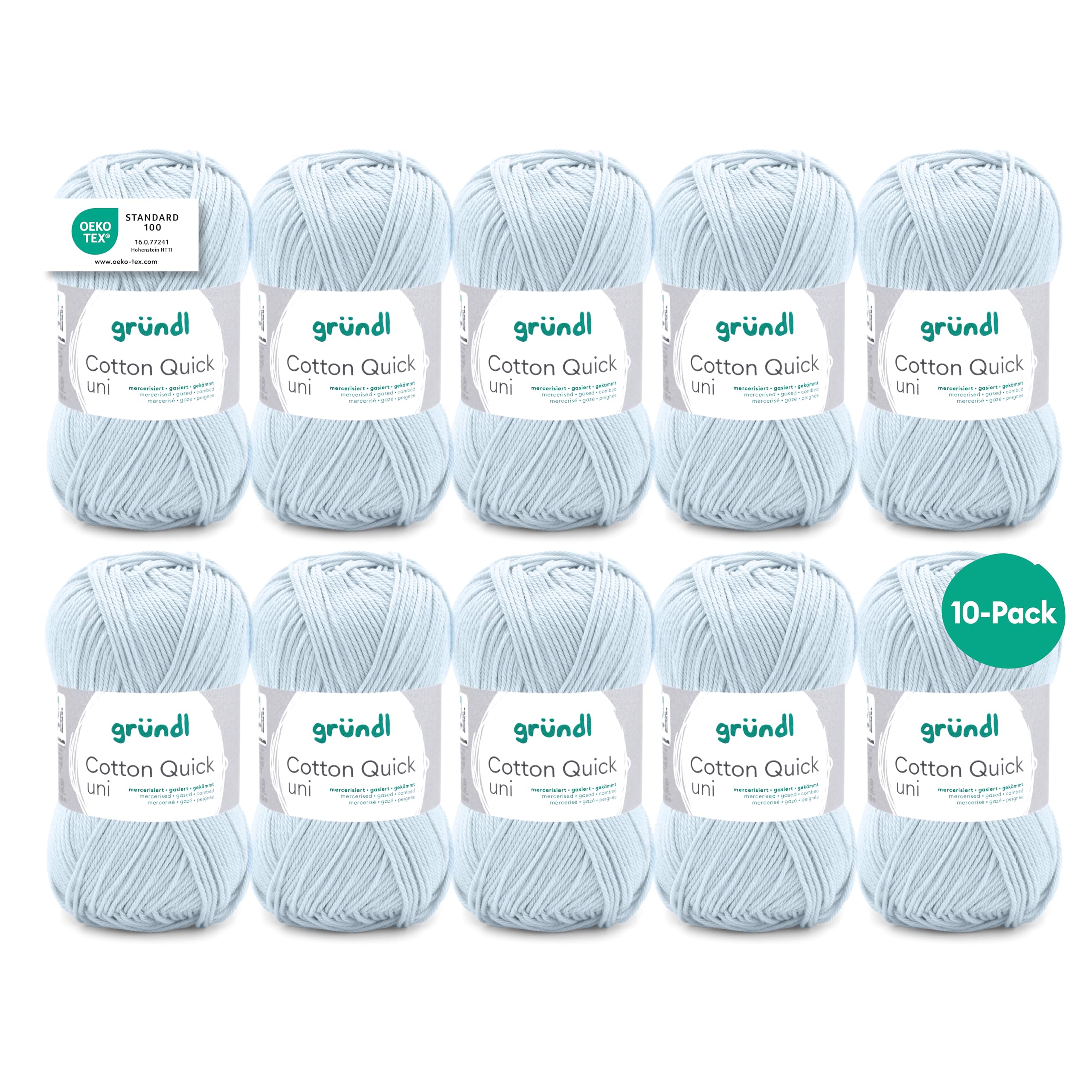 Gründl Wolle Cotton Quick uni - thin wool for crocheting - knitting yarn - crochet yarn - shiny and skin-friendly - 100% cotton - 10 balls 50 g / 125 m - needle size 3-4 - pale blue - 865-162