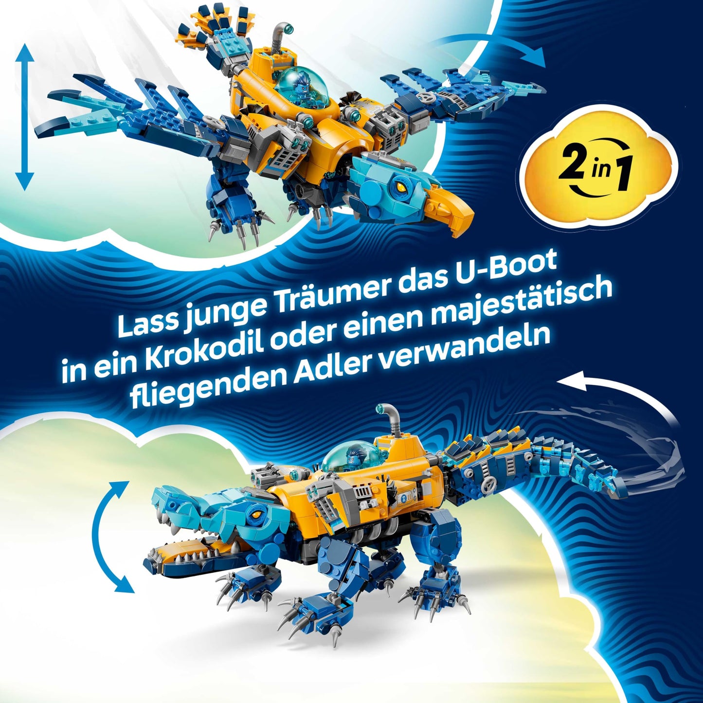 LEGO DREAMZzz 2in1 crocodile submarine - toy convertible into eagle submarine - including 3 minifigures, 2 spiders and a collectible blue treasure creature - gift for boys aged 8 and over - 71512