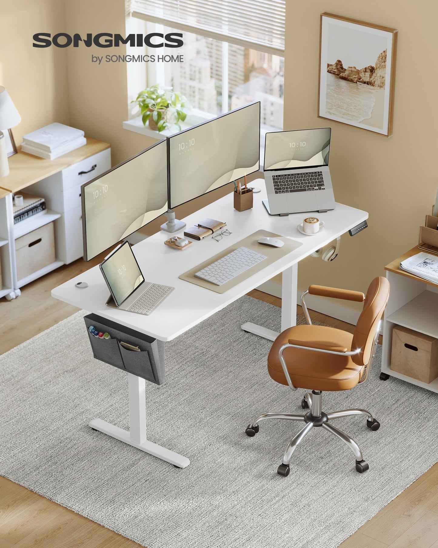 SONGMICS Electric height-adjustable desk, 160 x 70 cm, continuously adjustable, memory function with 4 heights, cloud white LSD136W01