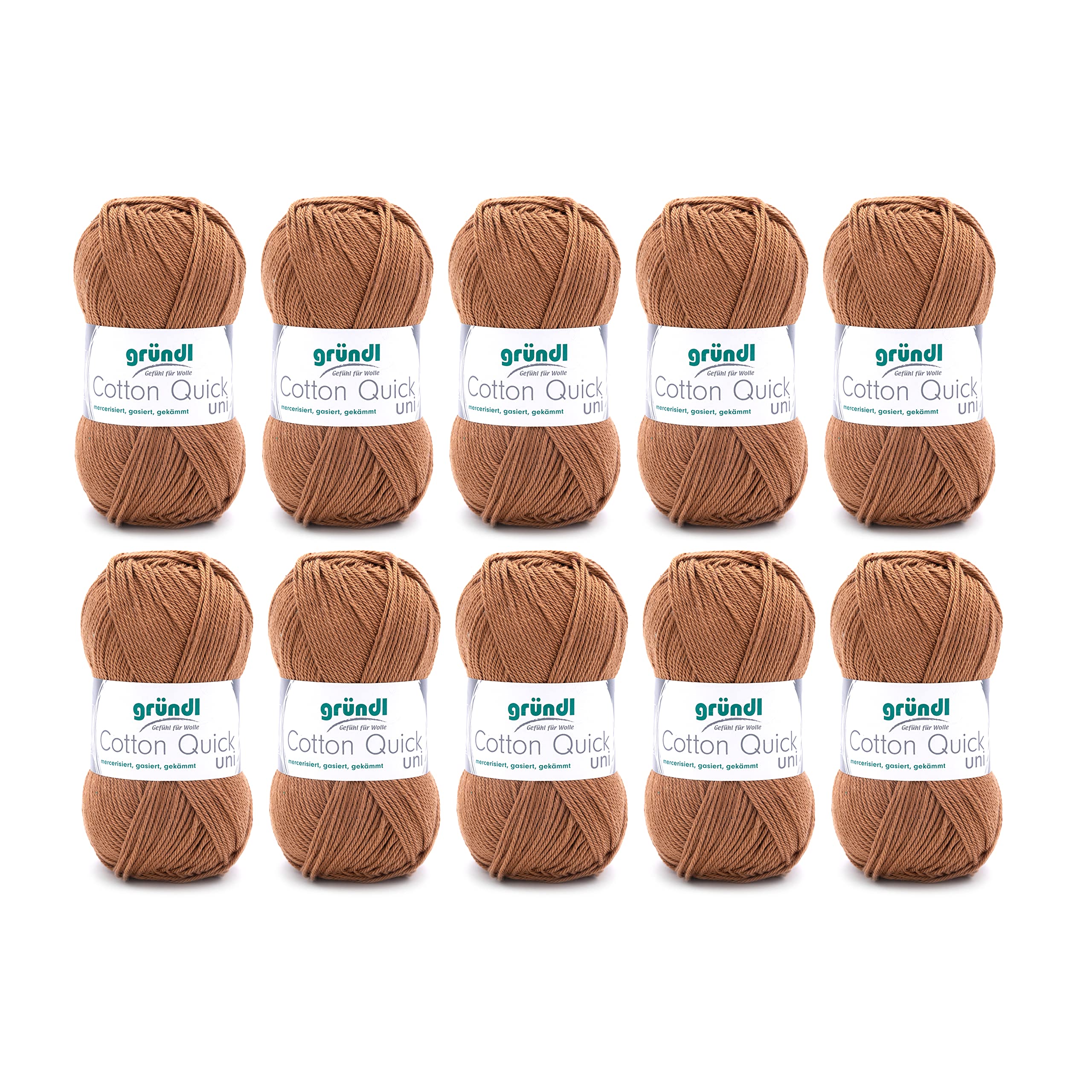 Gründl Wolle Cotton Quick uni - wool for crocheting made from 100% cotton - wool for knitting - shiny cotton yarn 10 balls 50 g / 125 m - caramel - 865-123