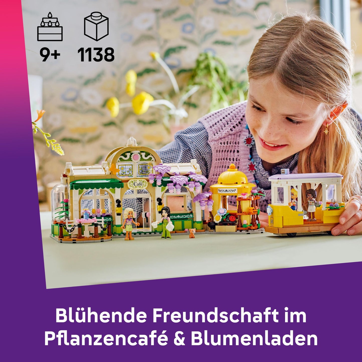 LEGO Friends plant cafe and flower kiosk - toy with 4 minifigures, 1 cat figure, tram and kitchen accessories - pastries, cups and teapot - birthday gift for girls aged 9 and over - 42671