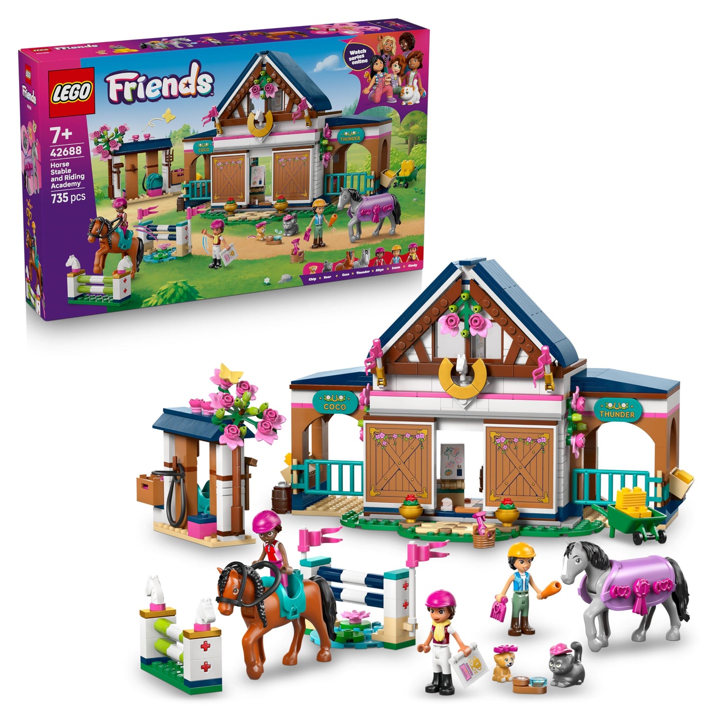 LEGO Friends horse stable and riding school - learning playset with 3 mini dolls, 2 horse figures, a puppy and care accessories - birthday gift for girls aged 7 and over - 42688